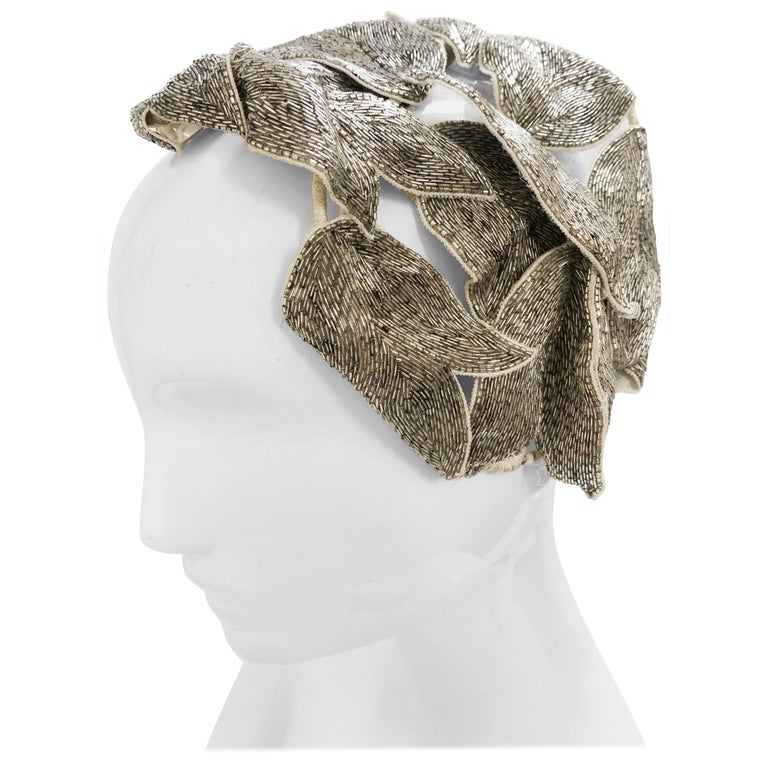 1950 Style Silver Bugle Beaded Leafy Hat By Maggie Norris For Sale at