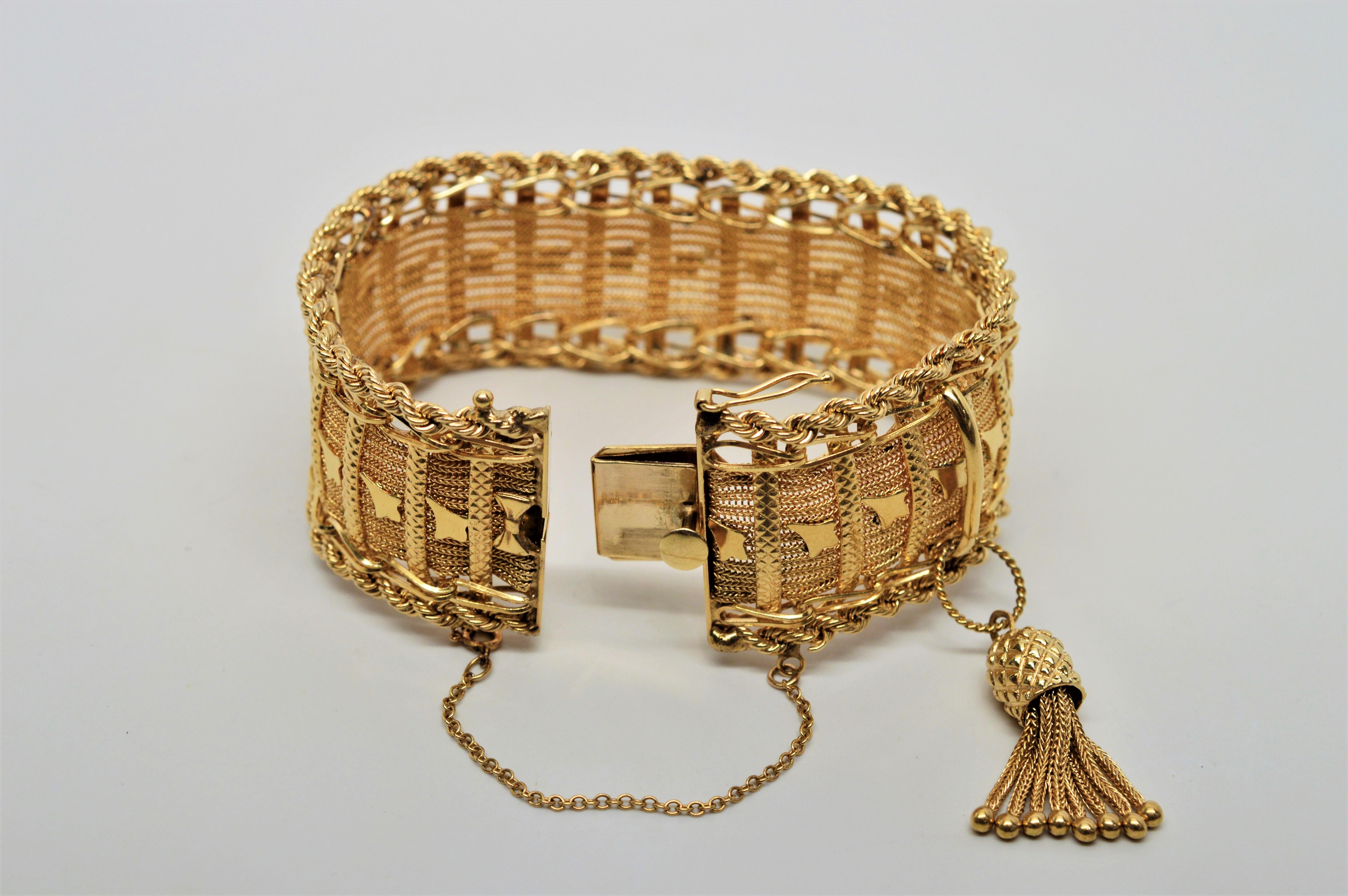 Women's  14 Karat Yellow Gold Rope Chain Mesh Bracelet with Charm Tassel