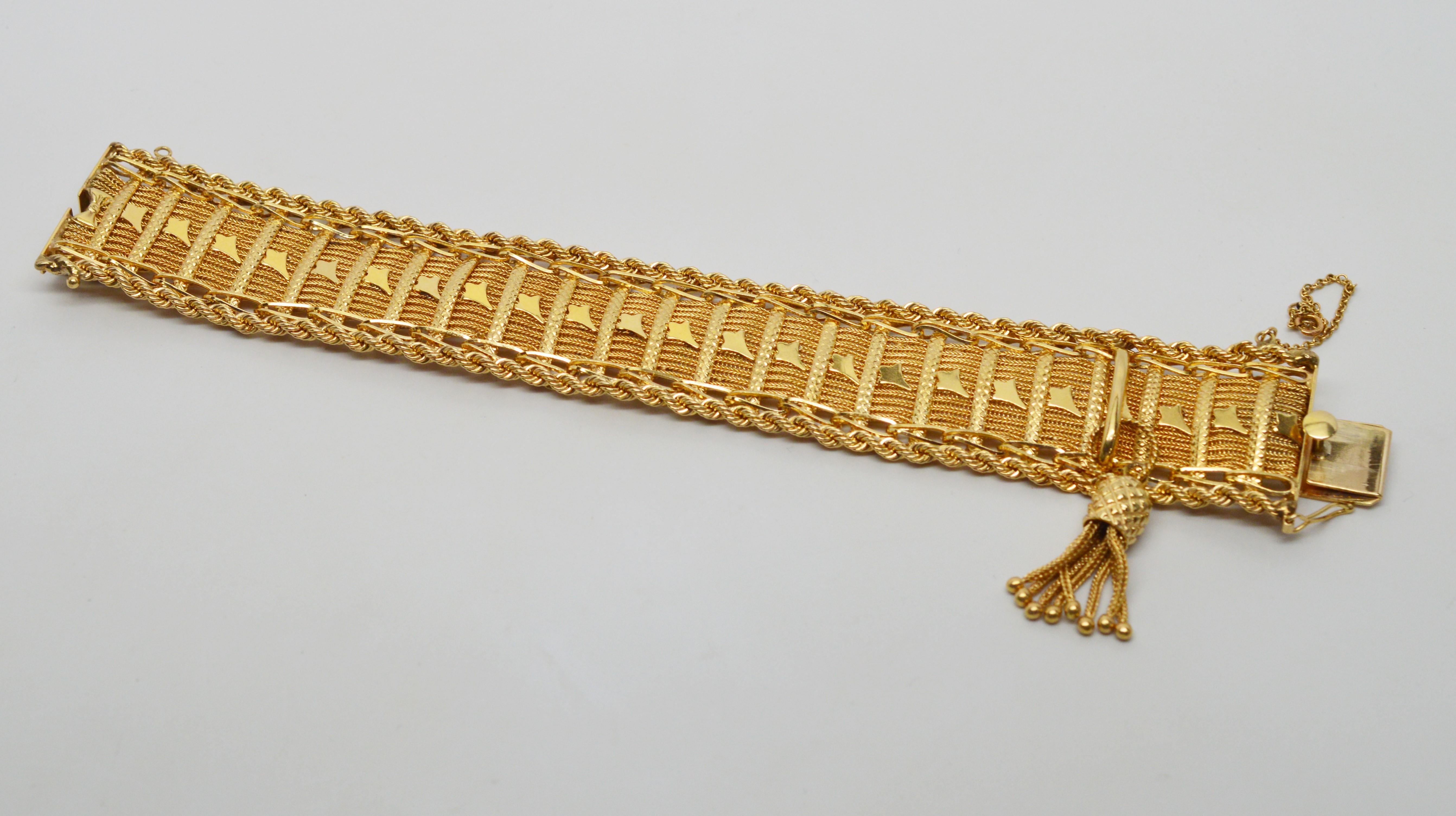  14 Karat Yellow Gold Rope Chain Mesh Bracelet with Charm Tassel 1
