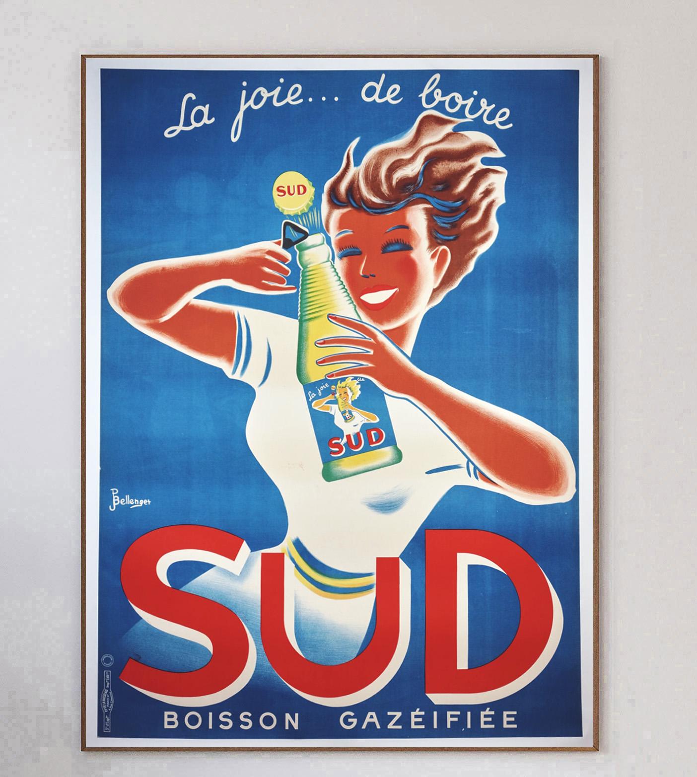 Atemberaubendes Großplakat für Sud aus dem Jahr 1950. Dieses schöne Design von Bellenger mit der Aufschrift 