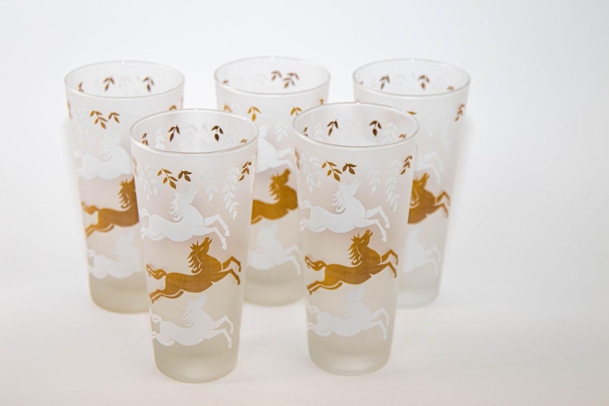 1950 Tumbler Frosted Drink Glasses Cavalcade by Libbey Galloping Horse Set of 5 For Sale 6