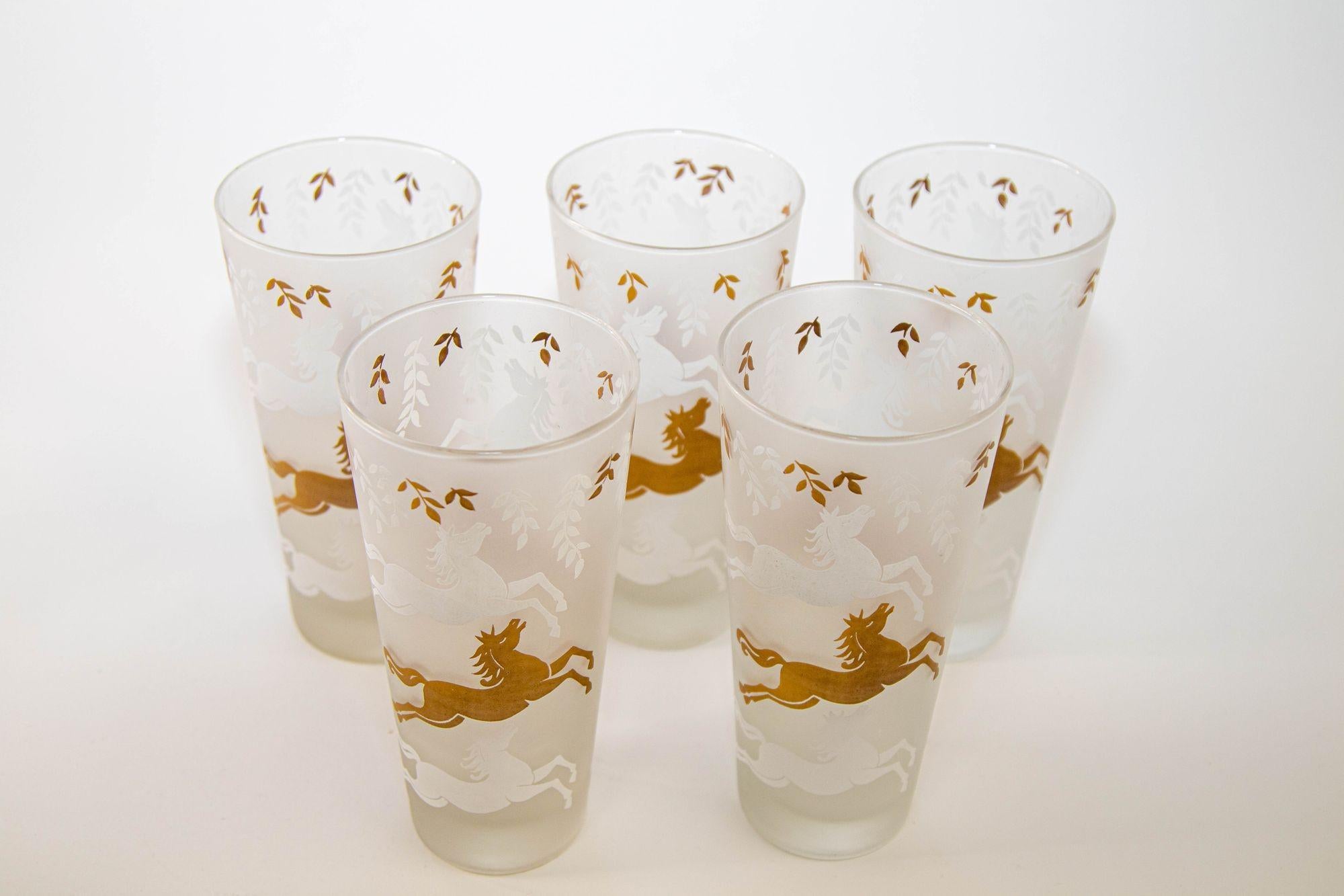 Mid-Century Modern 1950 Tumbler Frosted Drink Glasses Cavalcade by Libbey Galloping Horse Set of 5 For Sale
