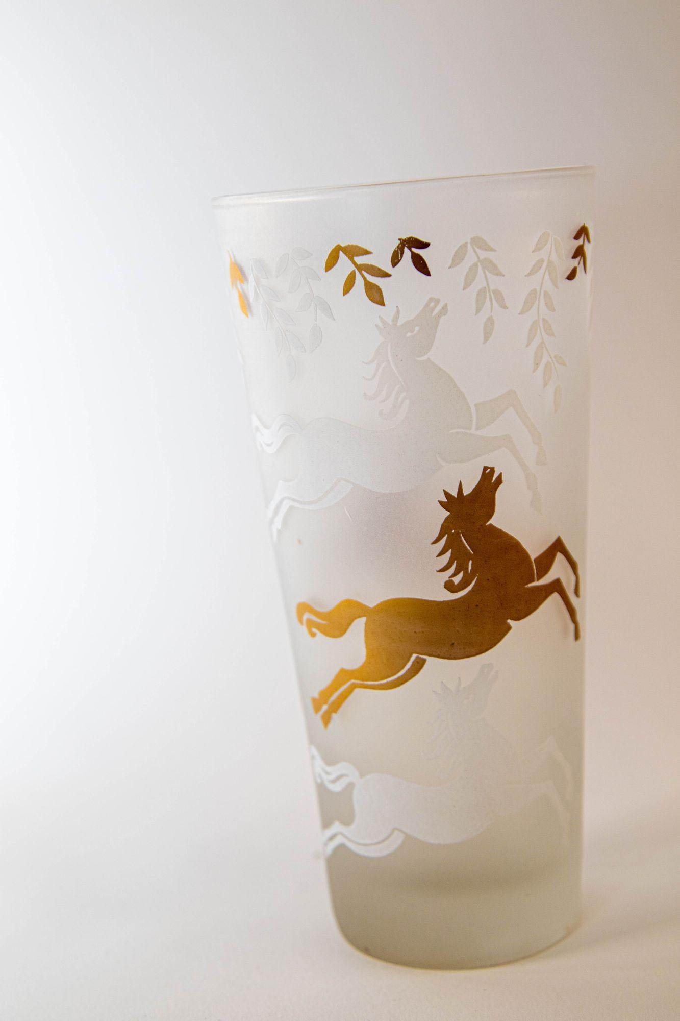 1950 Tumbler Frosted Drink Glasses Cavalcade by Libbey Galloping Horse Set of 5 In Good Condition For Sale In North Hollywood, CA