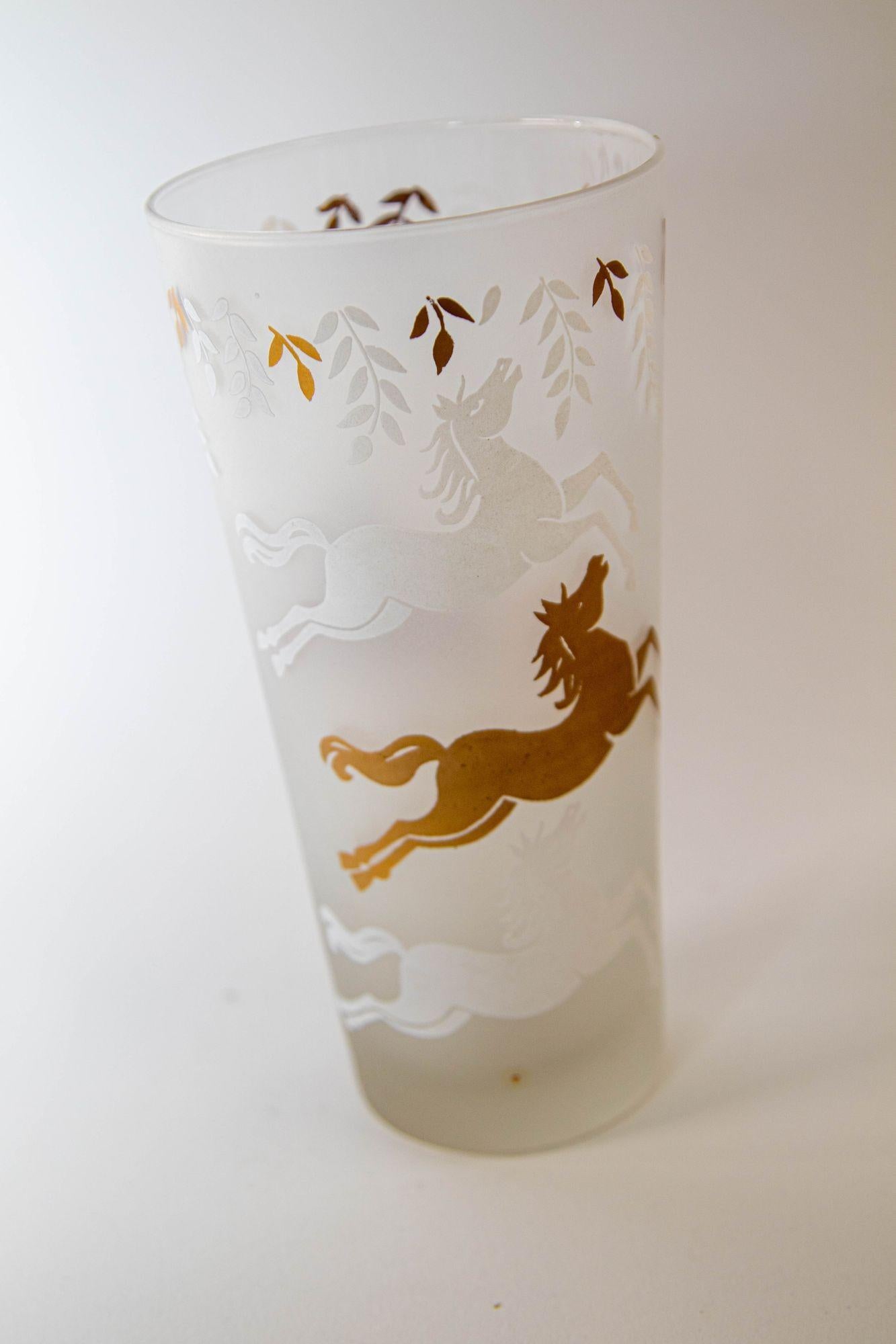 1950 Tumbler Frosted Drink Glasses Cavalcade by Libbey Galloping Horse Set of 5 For Sale 2