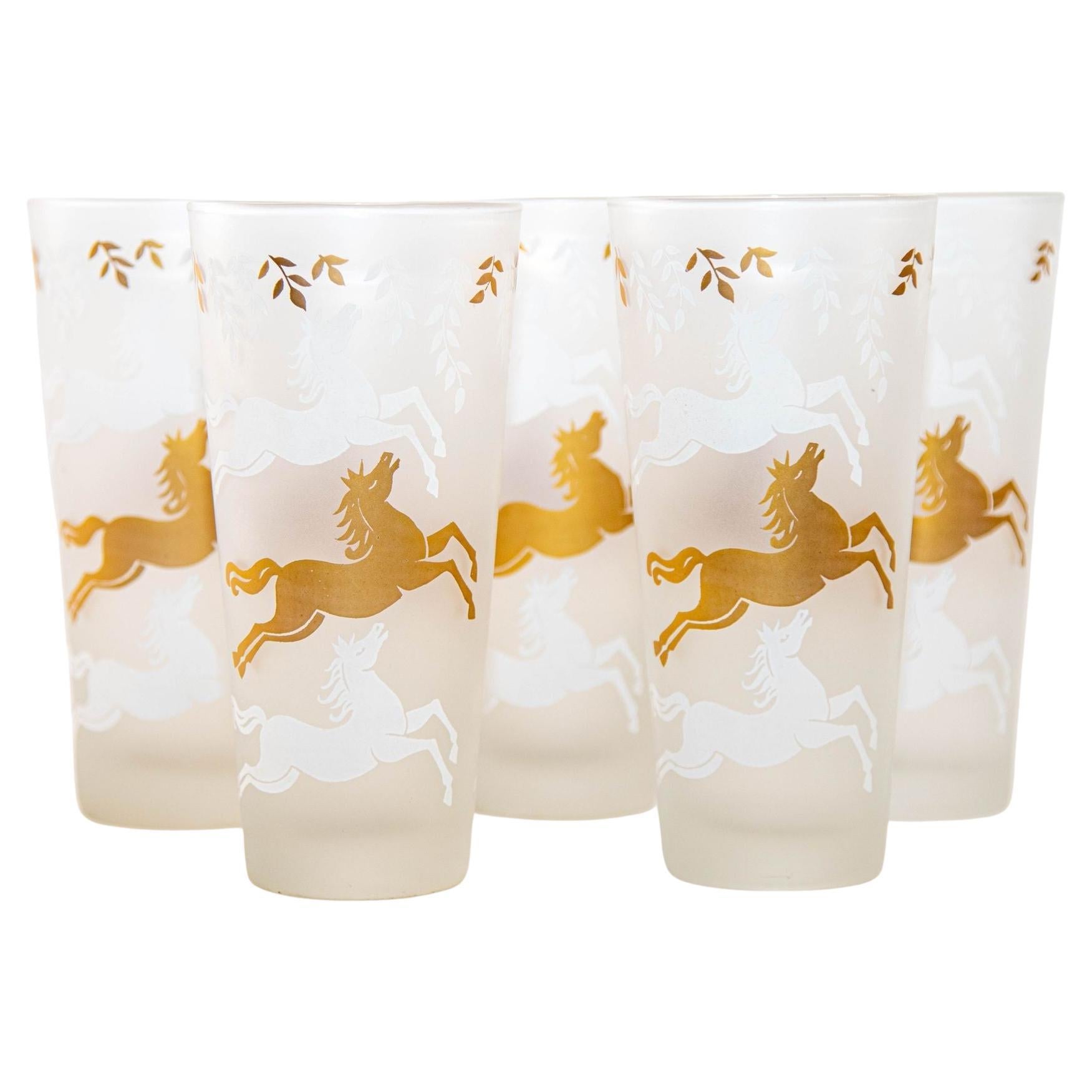 1950 Tumbler Frosted Drink Glasses Cavalcade by Libbey Galloping Horse Set of 5 For Sale