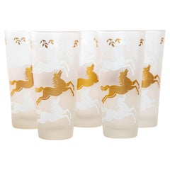 1950 Tumbler Frosted Drink Glasses Cavalcade by Libbey Galloping Horse Set of 5