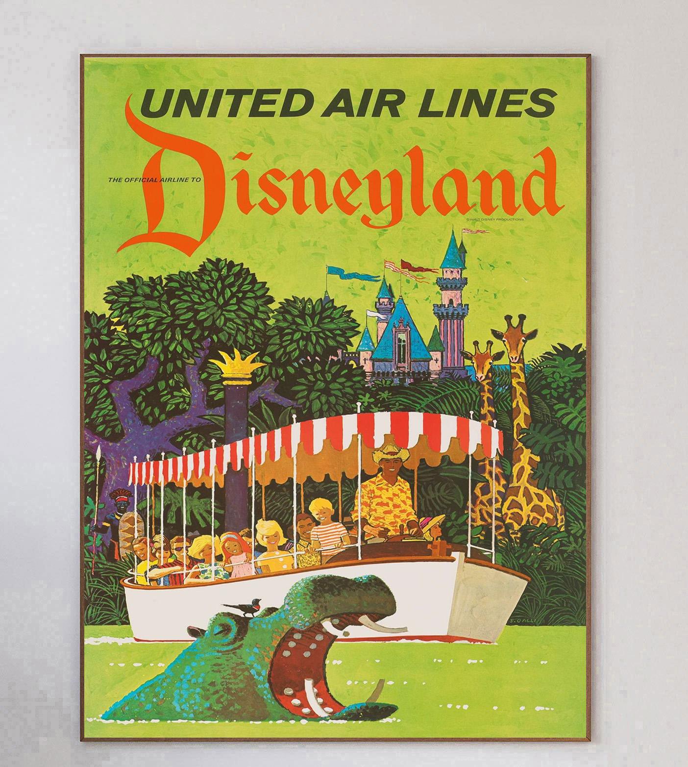 Dieses atemberaubende und seltene Plakat aus dem Jahr 1950 wurde von dem großen Plakatdesigner und Illustrator Stan Galli gestaltet und wirbt für die Flugrouten der United Airlines nach Disneyland. Dieses farbenfrohe Wunderwerk aus der Mitte des