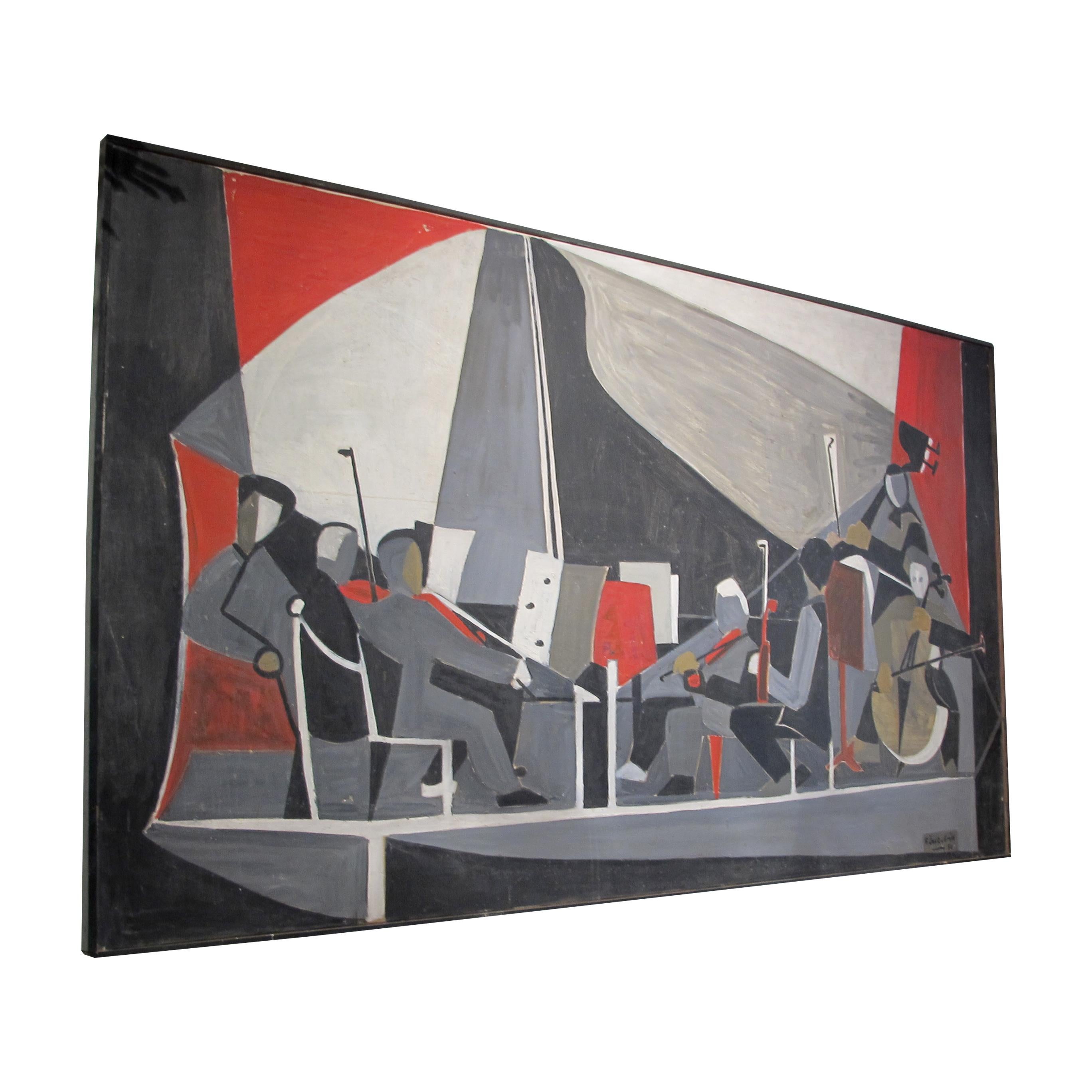 Es handelt sich um ein großes rechteckiges Gemälde in Öl auf Leinwand mit dem Titel L'Orchestre, signiert von François Jacquemin und datiert 1950. Das Kunstwerk spiegelt die dynamische künstlerische Bewegung der Nachkriegszeit wider, die mit La