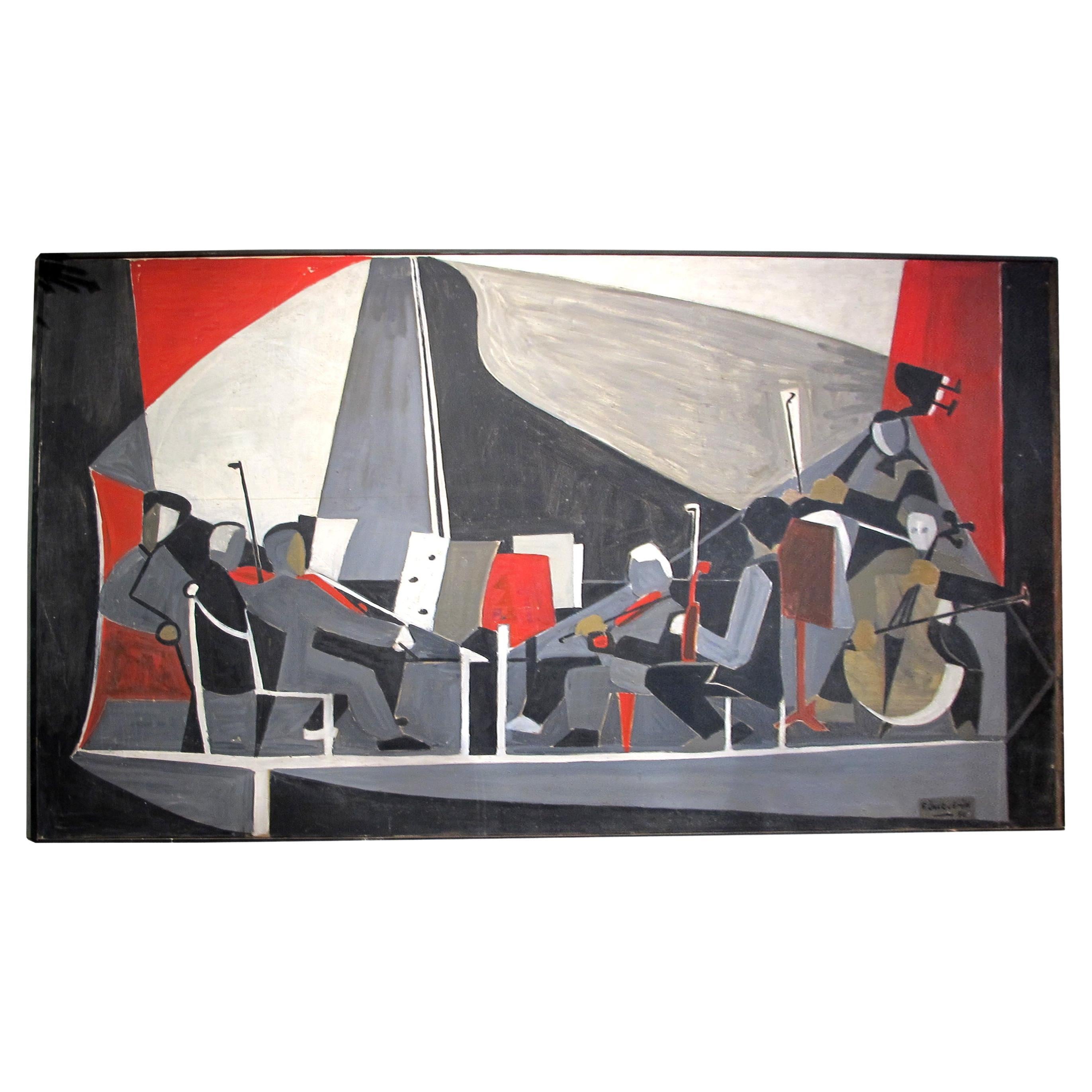 1950 Sehr großes Öl auf Leinwand L'Orchestre von Francois Jacquemin, Französisch