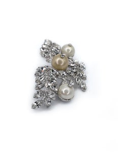 1950 Vintage Christian Dior Silver Tone Rhinestone Pearl Floral Brooch