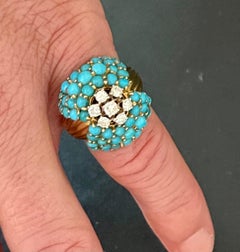 1950 Vintage Cocktail Ring 18 K Yellow Gold Turquoise Diamonds