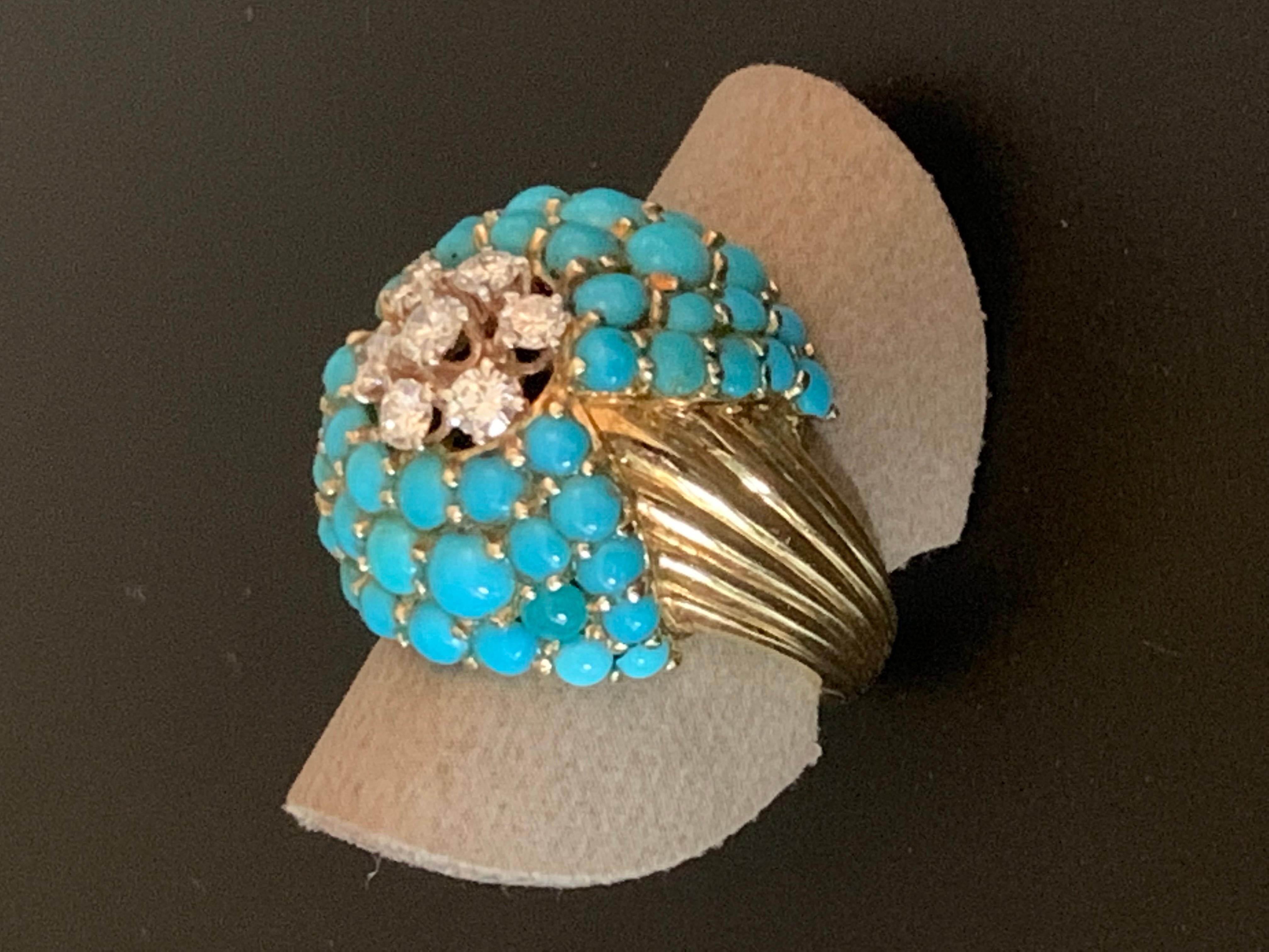 Brilliant Cut 1950 Vintage Cocktail Ring 18 K Yellow Gold Turquoise Diamonds For Sale