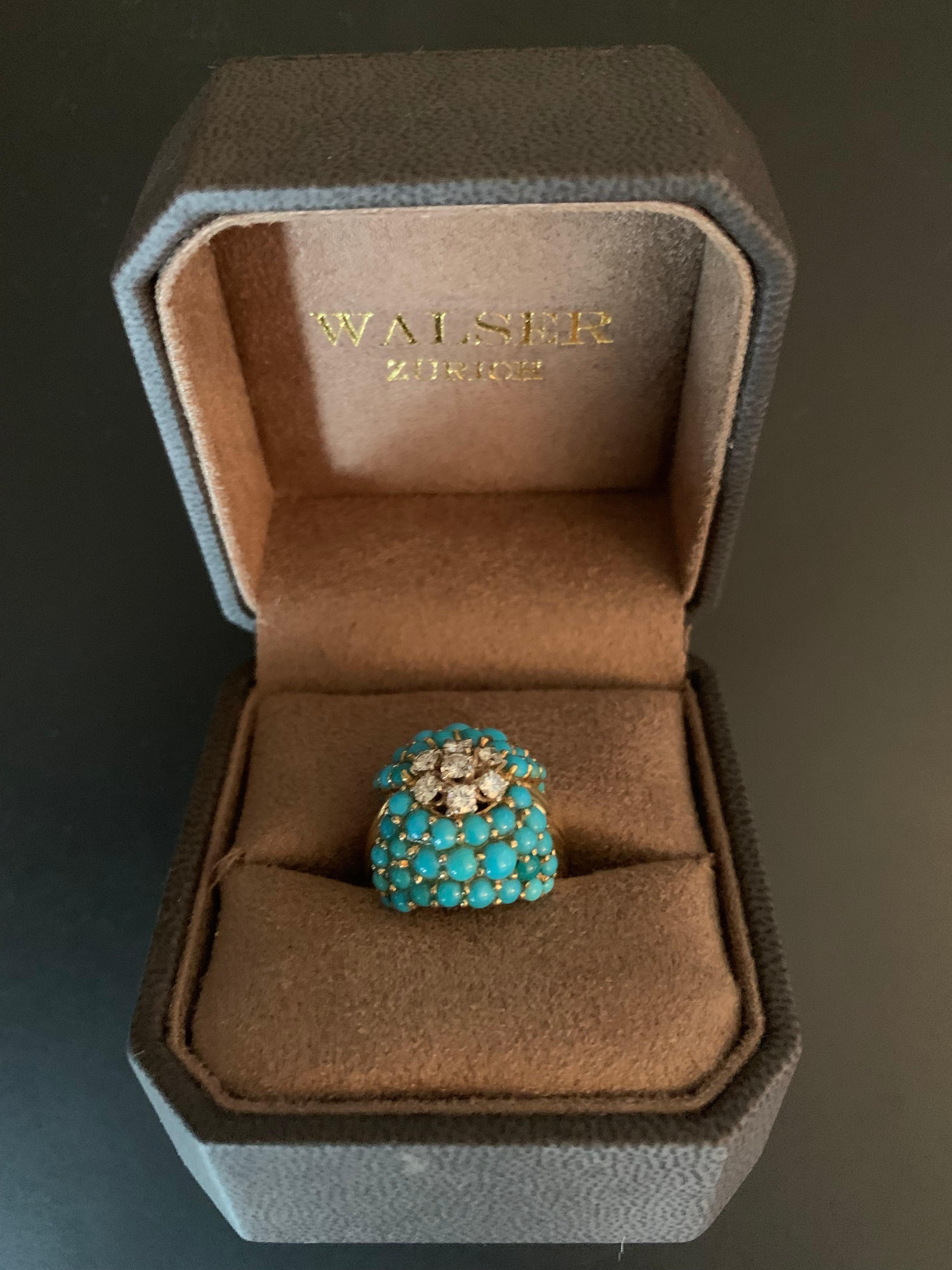 1950 Vintage Cocktail Ring 18 K Yellow Gold Turquoise Diamonds In Good Condition For Sale In Zurich, Zollstrasse