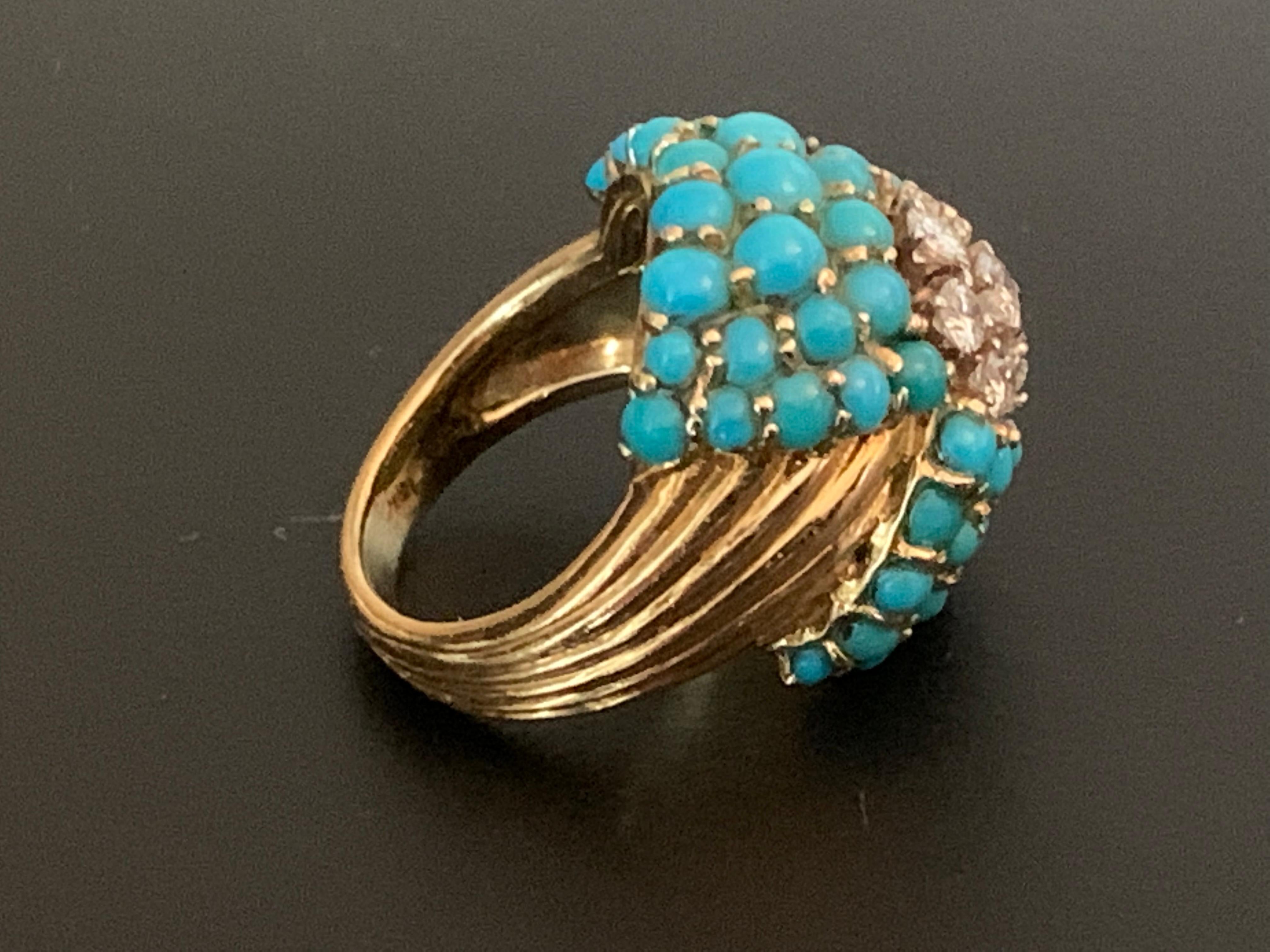 Women's 1950 Vintage Cocktail Ring 18 K Yellow Gold Turquoise Diamonds For Sale