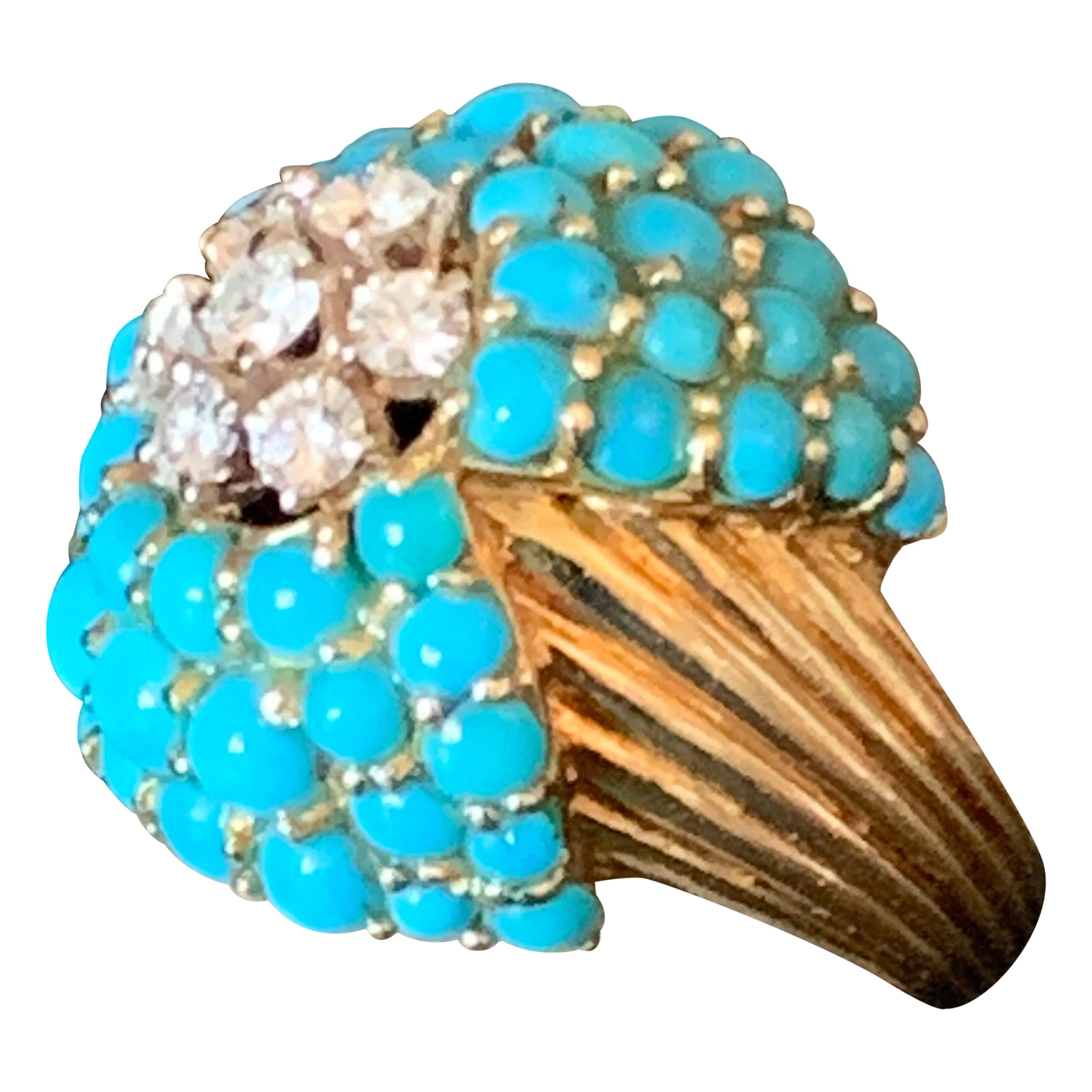1950 Vintage Cocktail Ring 18 K Yellow Gold Turquoise Diamonds For Sale