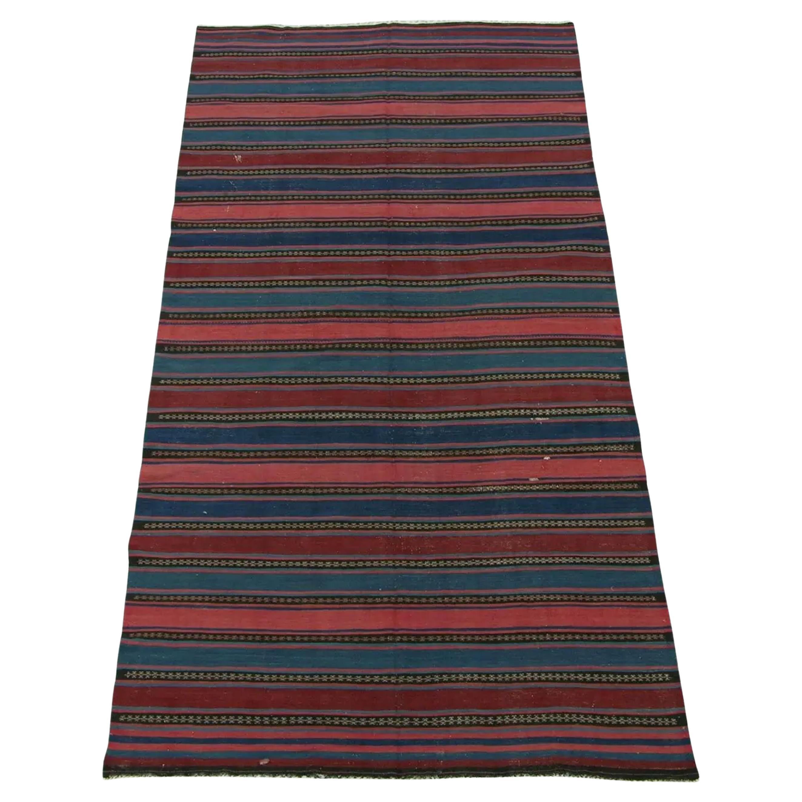 1950 Vintage Flat Weave Stripe Design Kilim For Sale