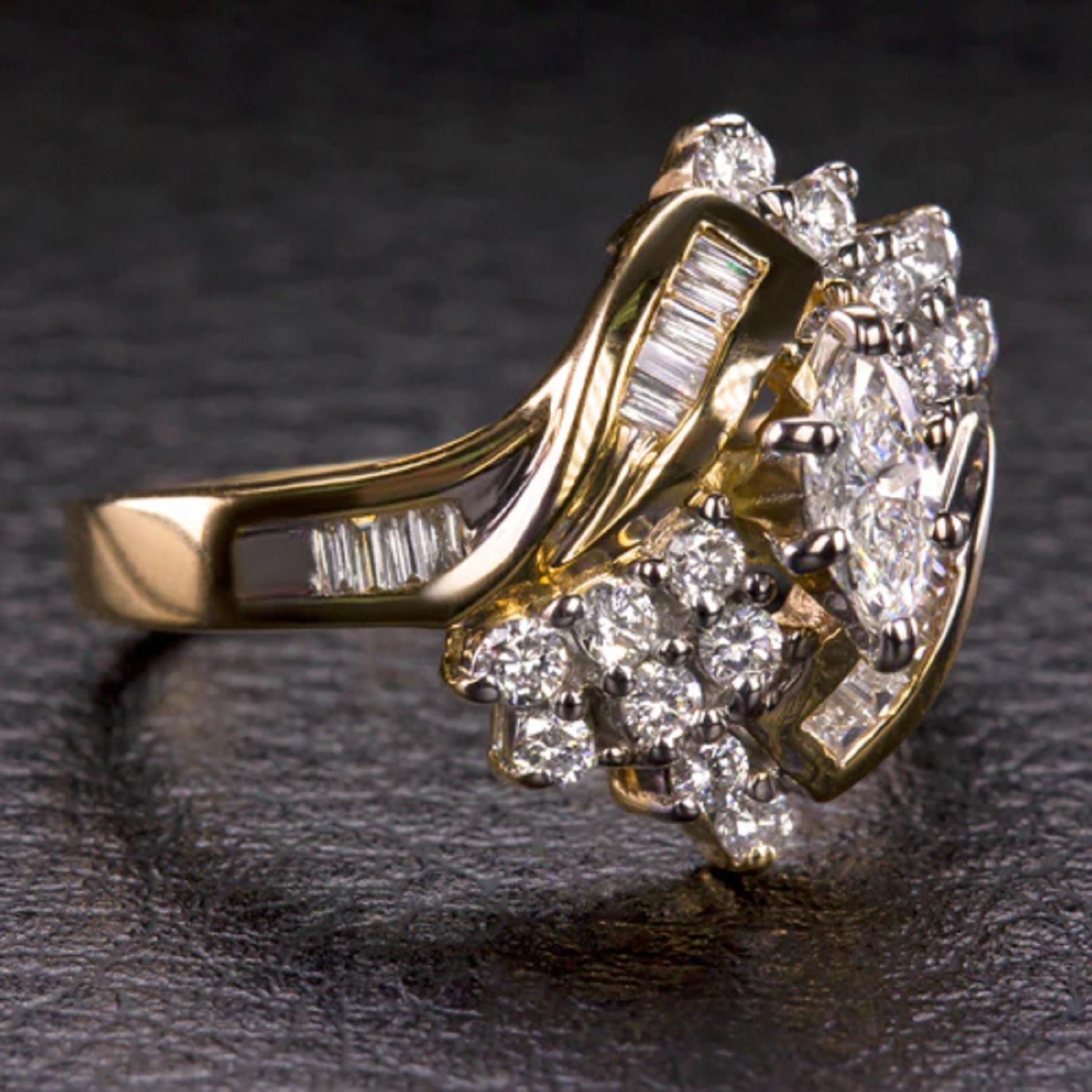 Art Nouveau 1950 Vintage Marquise Round Diamond Cocktail Ring For Sale