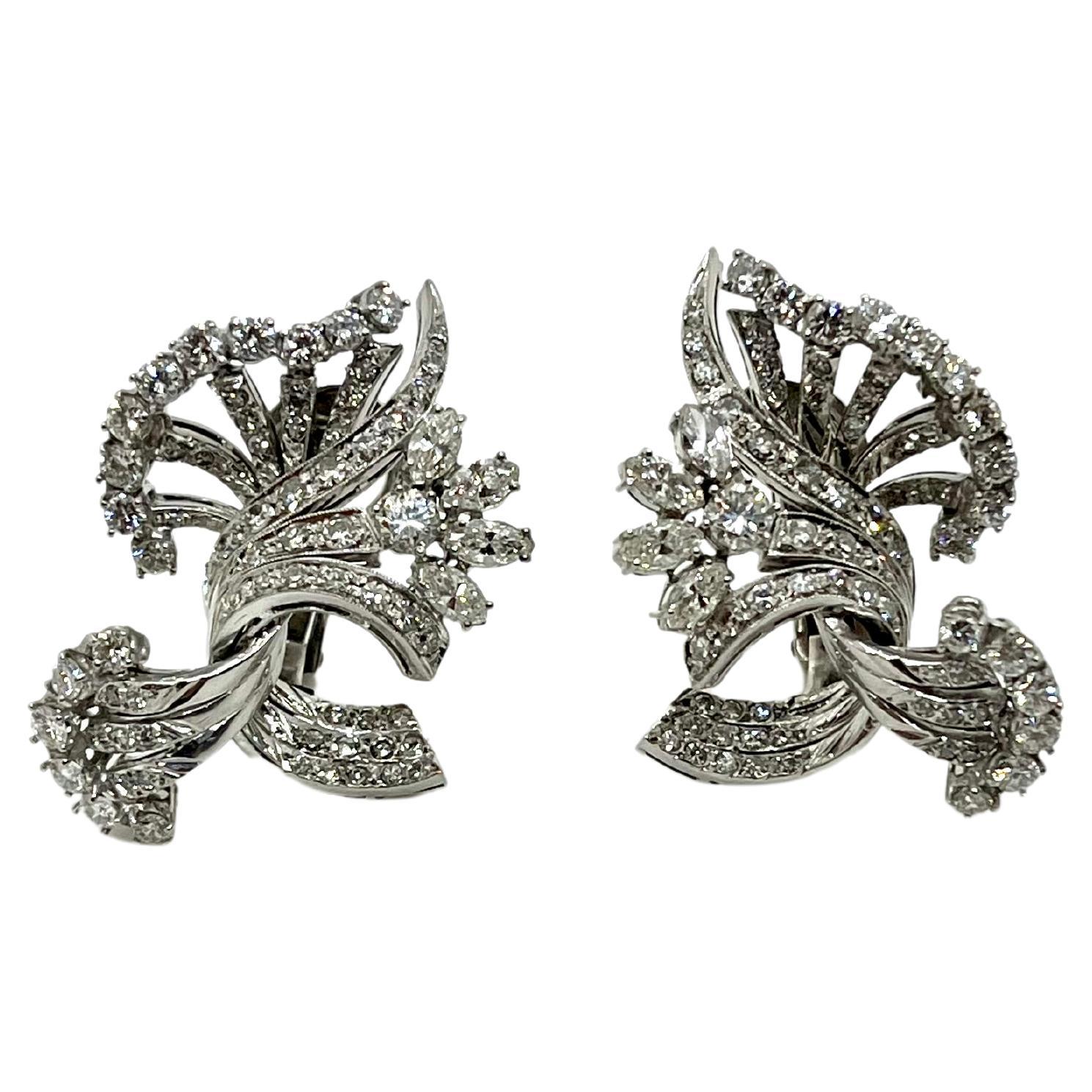 Mid-Century 3.68 CTW Diamond Platinum Vintage Floral Spray Earrings |  Wilson's Estate Jewelry