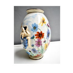 1950, Vintage White Ceramic Vase, with Signed Floral Painting on the Bottom