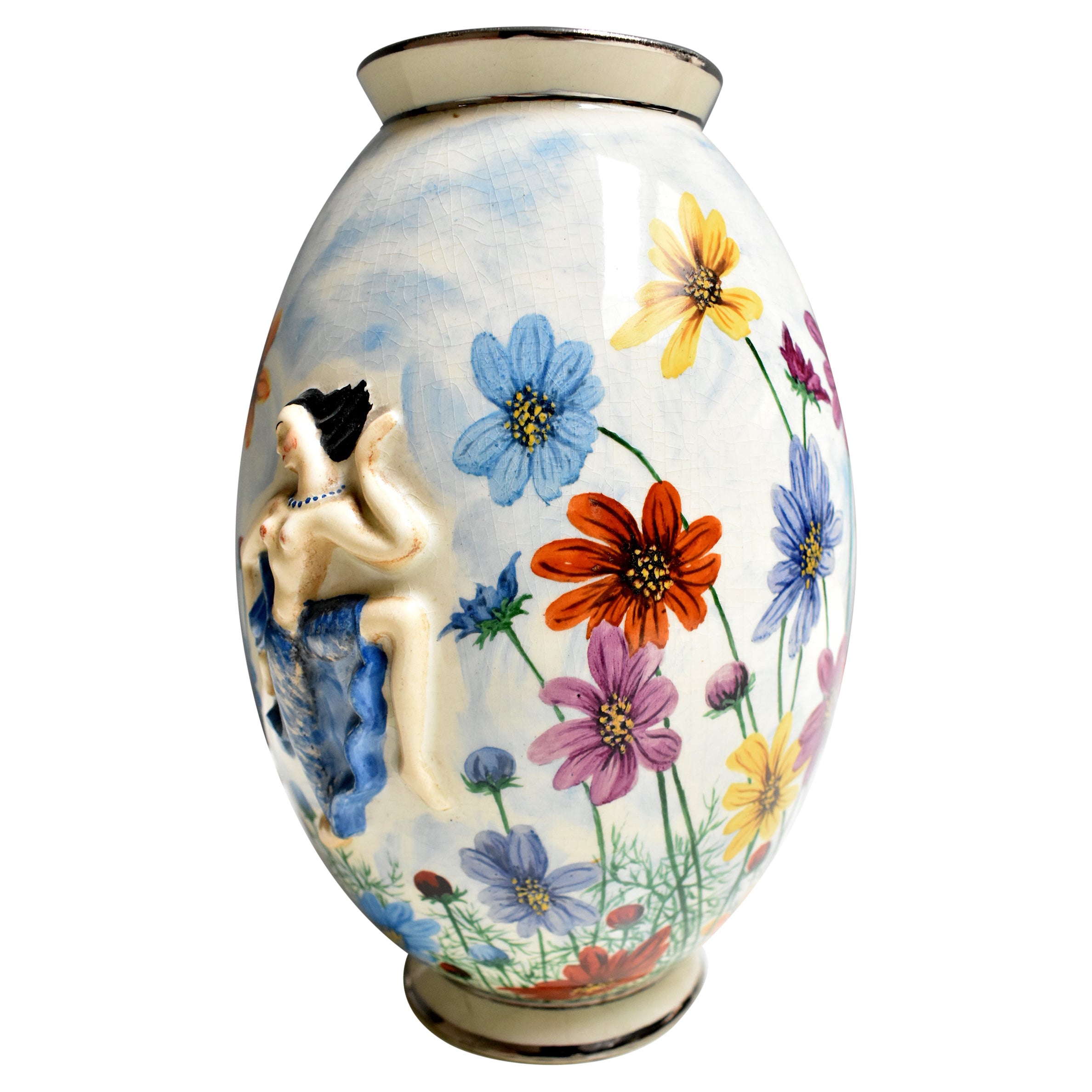 1950, Vintage-Vase aus weißer Keramik, mit signiertem Blumengemälde auf der Unterseite
