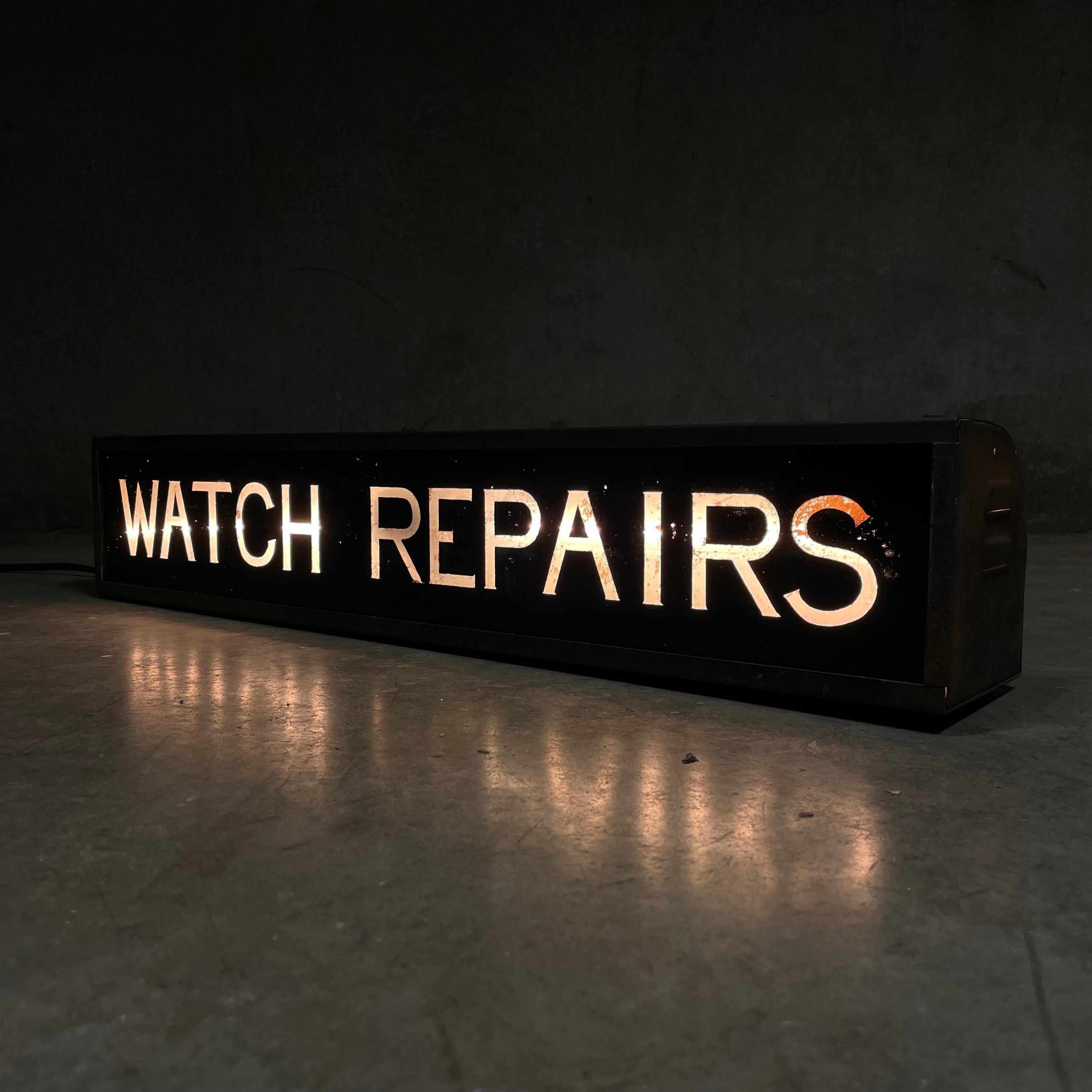 Metal 1950 watch repair light box sign  For Sale