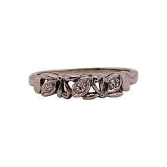 1950 Wedding Band in White Gold, Three Stone Diamond Ring, 1950’s Leaf Design