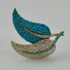 1950 Yellow Gold Diamonds and Turquoise Leaves Brooch