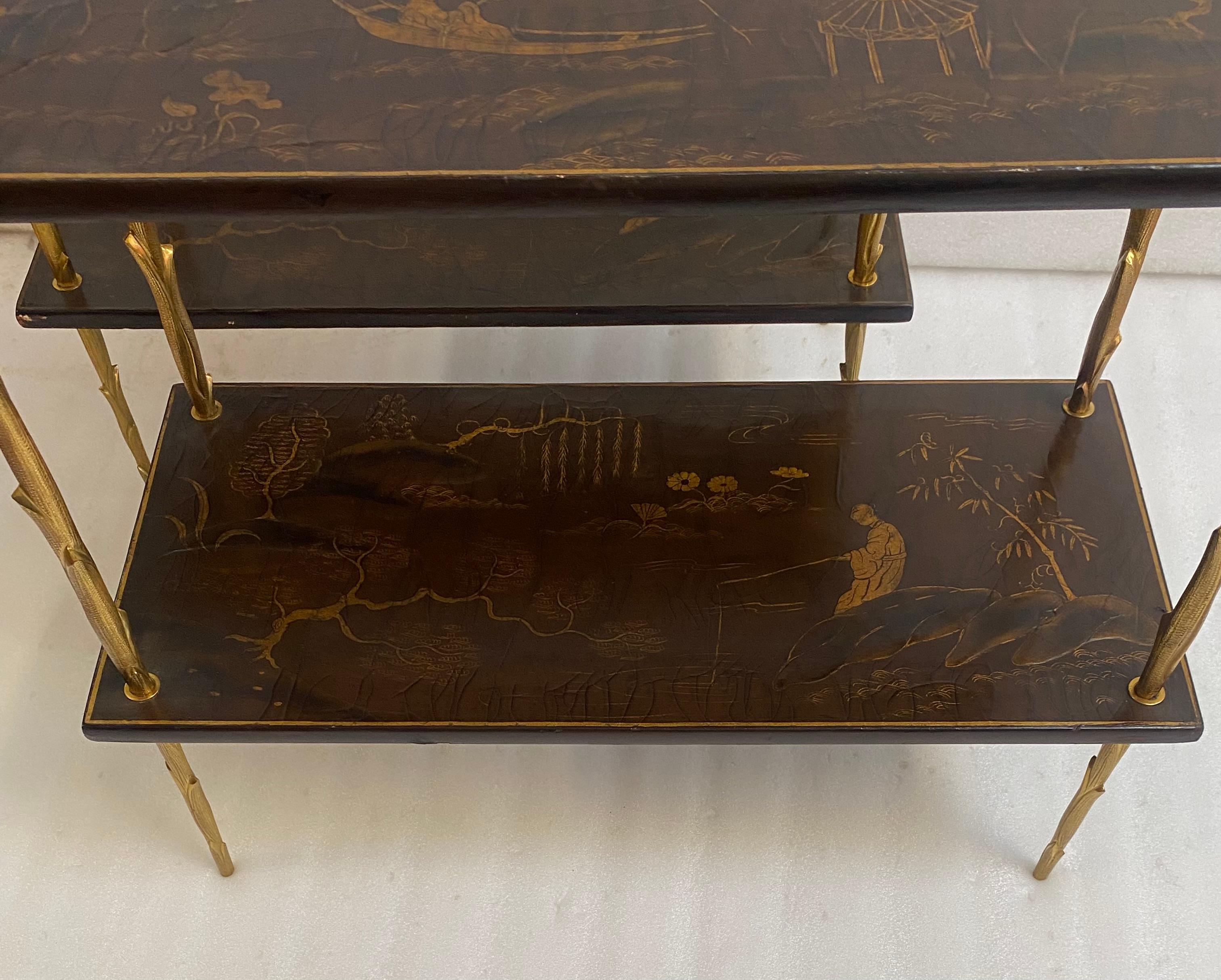 Gilt 195070′ Pair of Maison Baguès or Maison Charles Agostini Style Tables Lacq China For Sale