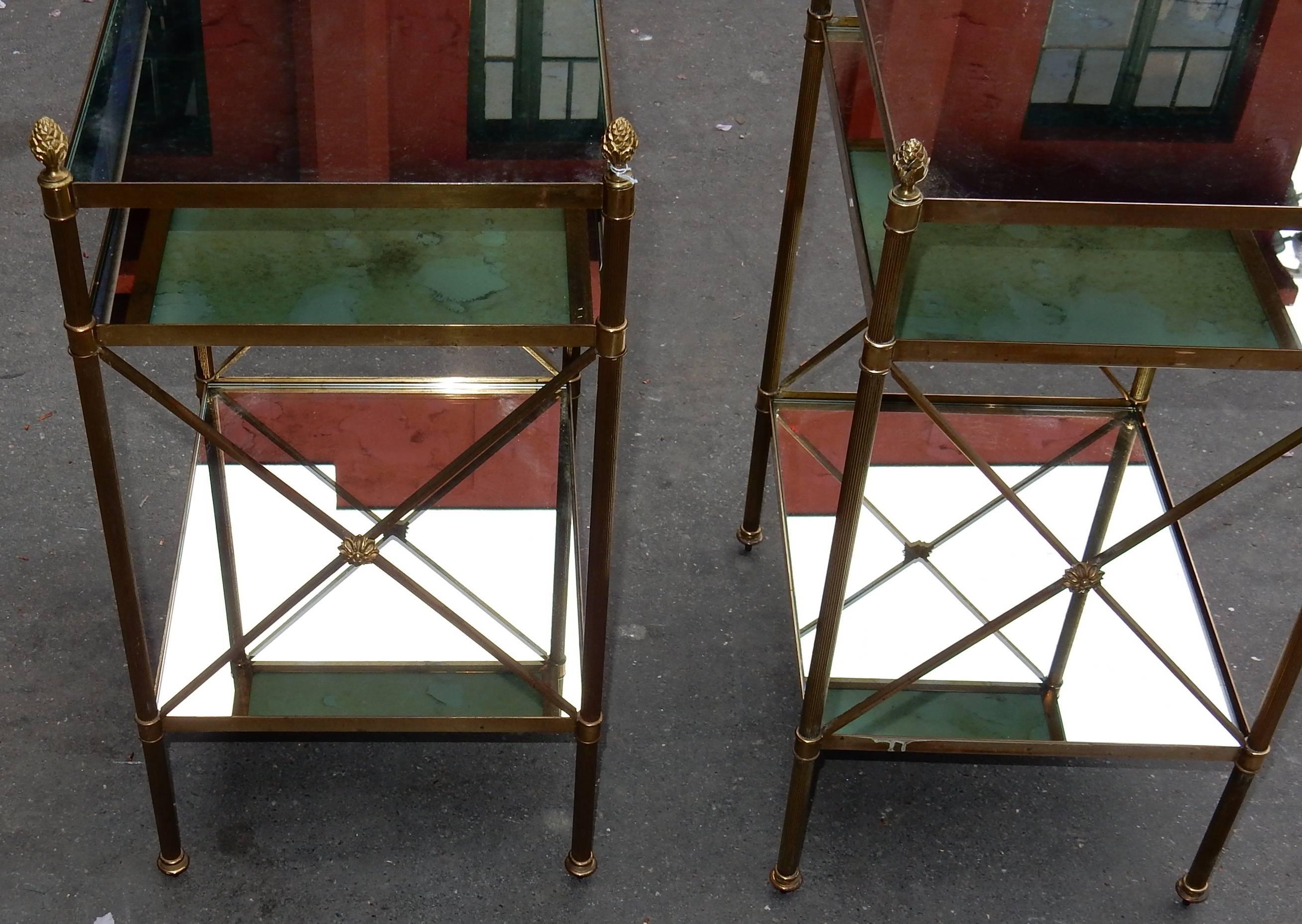 Neoclassical 1950/70, Pair Shelves Three Levels Style  Maison Bagués Tops Oxyded Olded Mirror For Sale