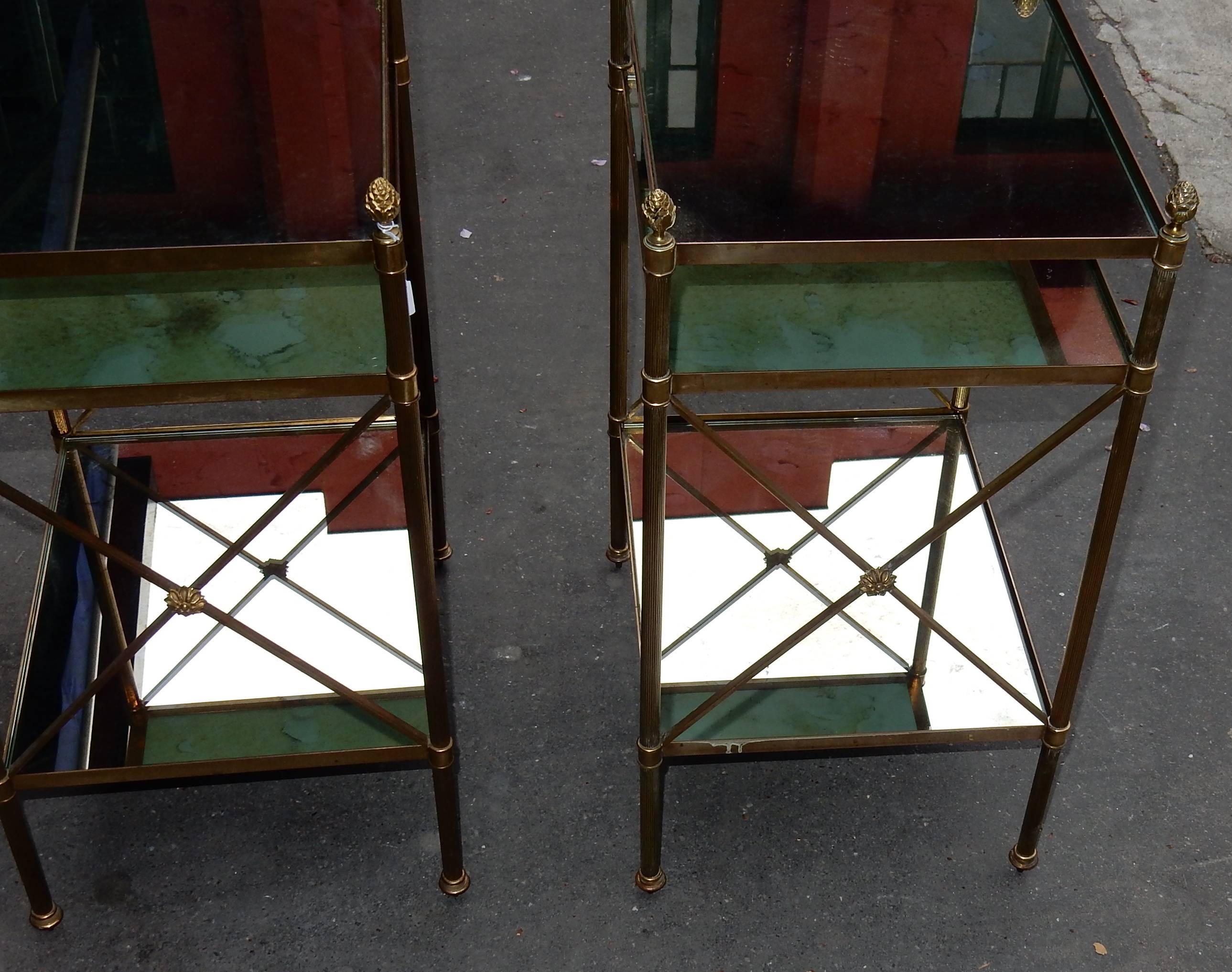 French 1950/70, Pair Shelves Three Levels Style  Maison Bagués Tops Oxyded Olded Mirror For Sale