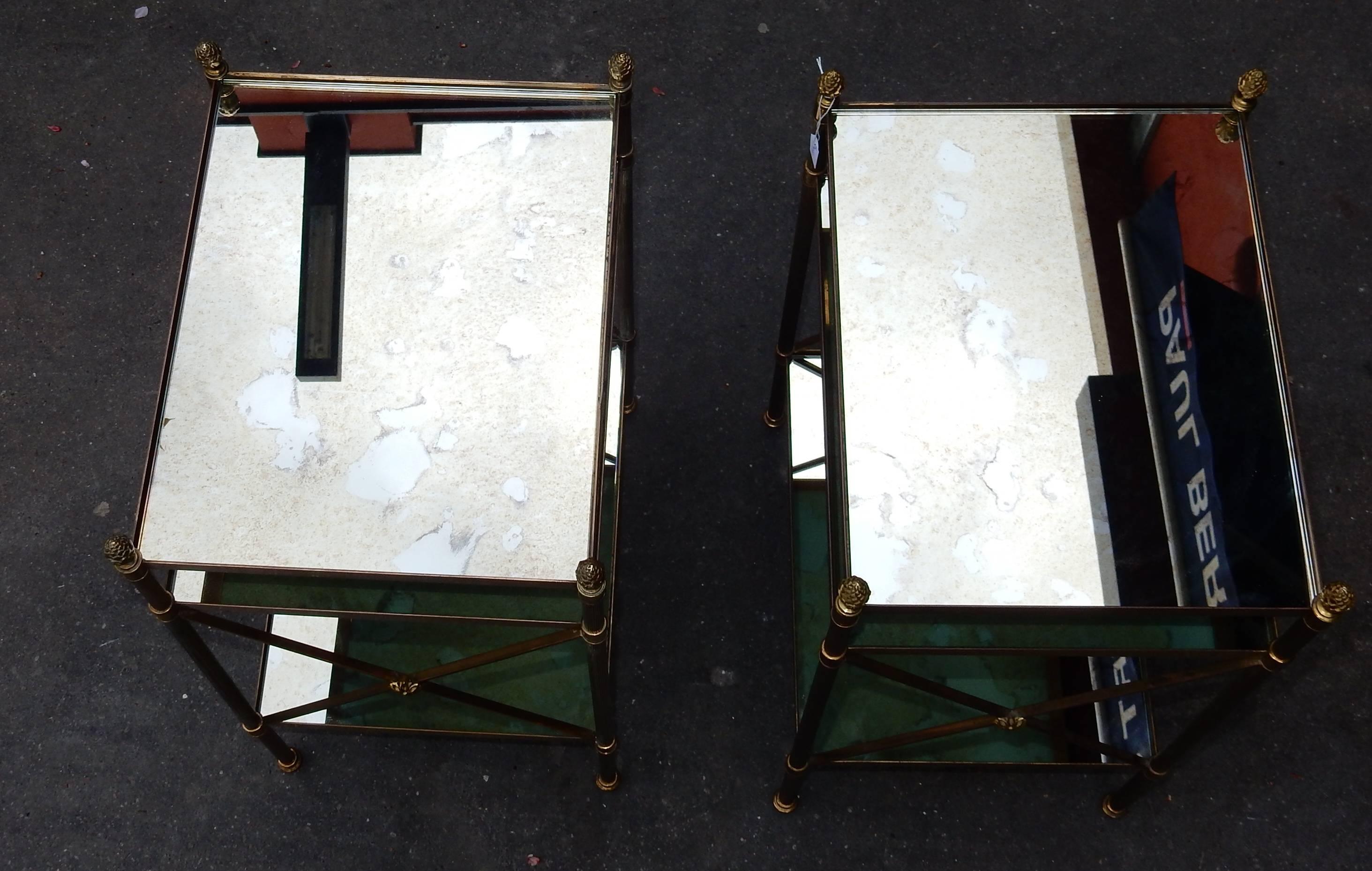Gilt 1950/70, Pair Shelves Three Levels Style  Maison Bagués Tops Oxyded Olded Mirror For Sale