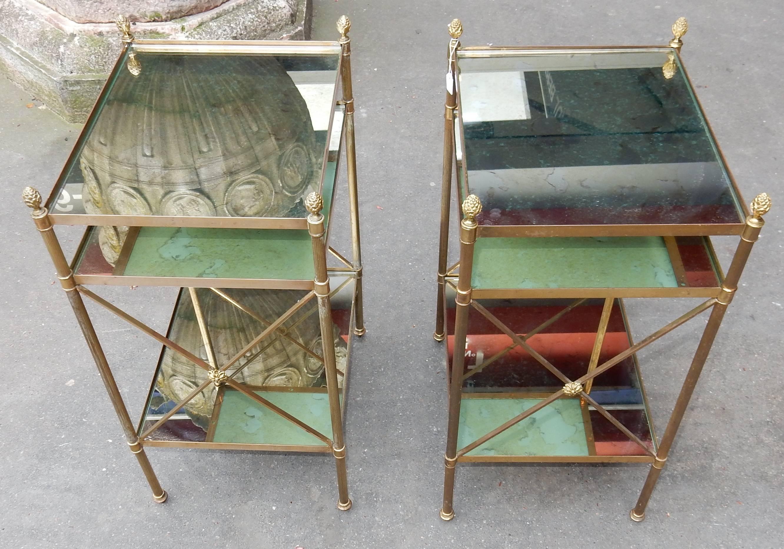 1950/70, Pair Shelves Three Levels Style  Maison Bagués Tops Oxyded Olded Mirror In Good Condition For Sale In Paris, FR