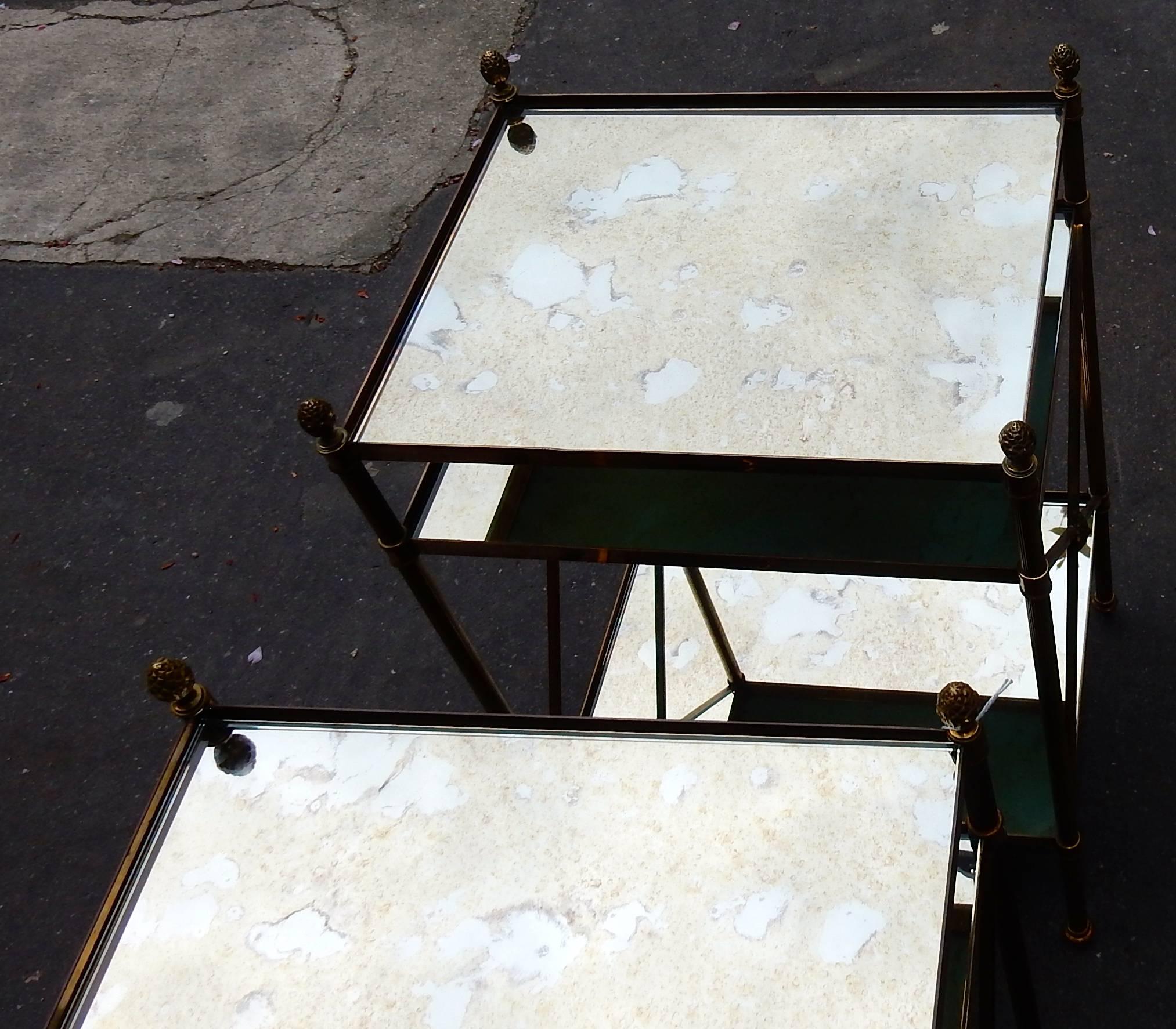 Late 20th Century 1950/70, Pair Shelves Three Levels Style  Maison Bagués Tops Oxyded Olded Mirror For Sale