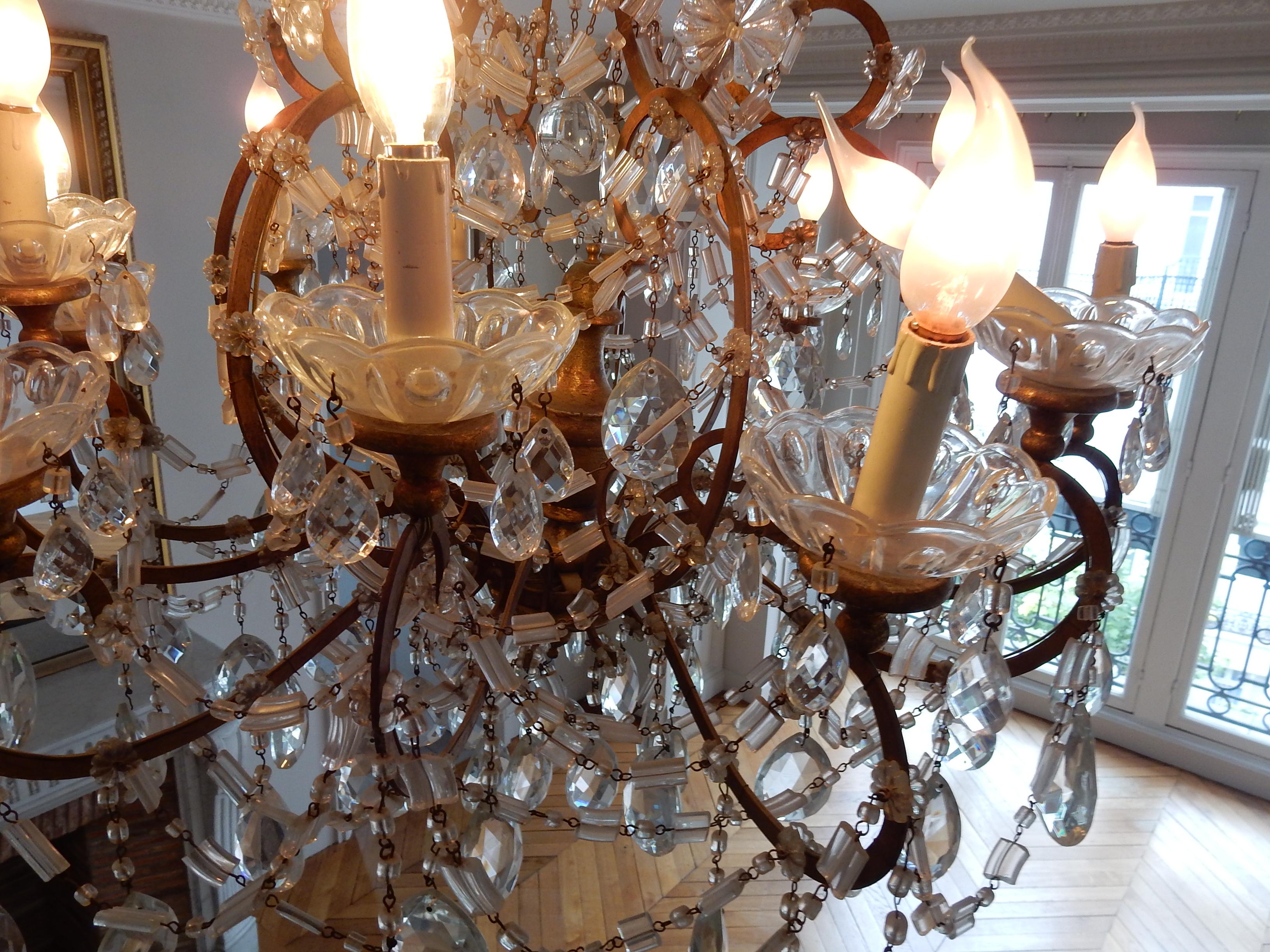 European 1950′ Chandelier Cage Italy 12 Lights Golden Wood and Crystal For Sale