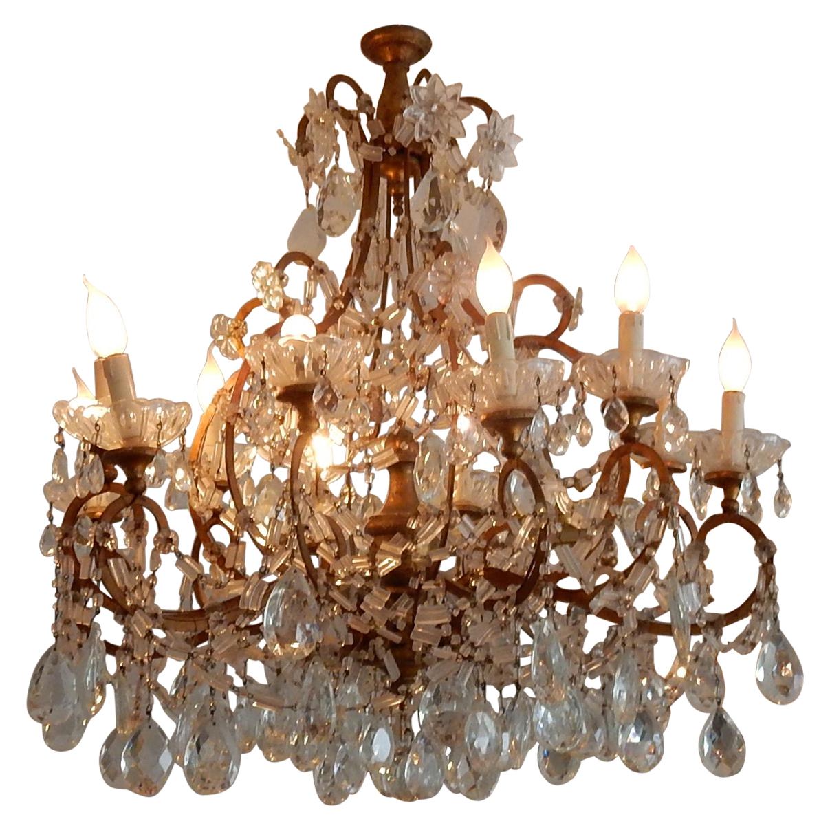1950′ Chandelier Cage Italy 12 Lights Golden Wood and Crystal For Sale