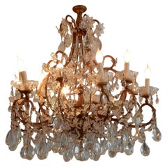 1950′ Chandelier Cage Italy 12 Lights Golden Wood and Crystal