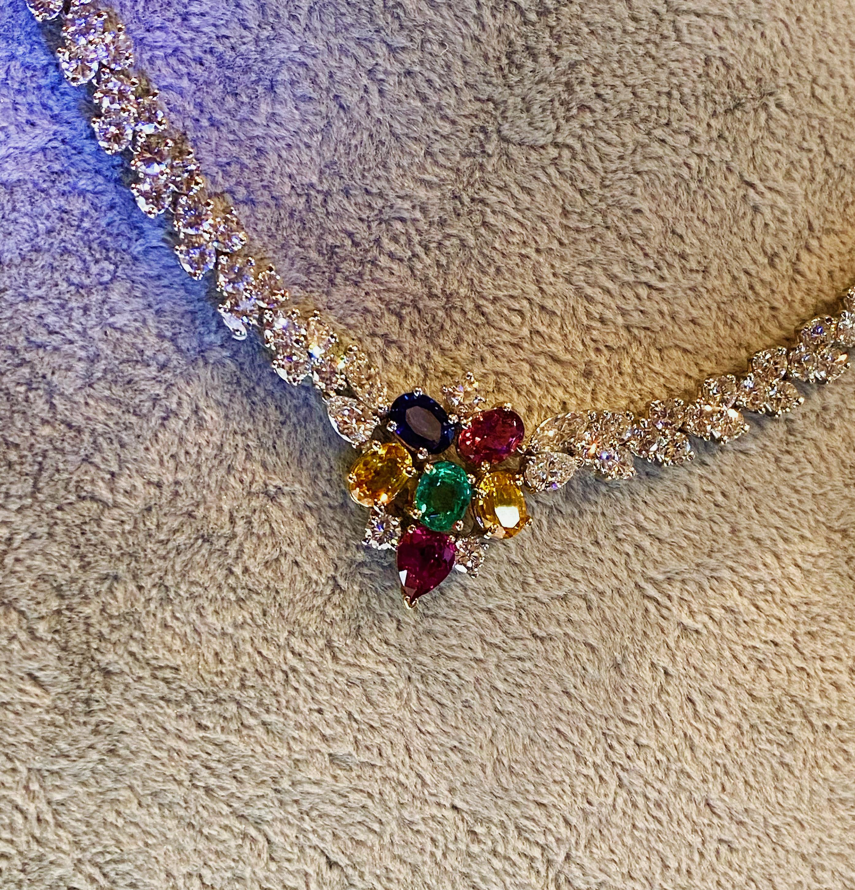Retro 19.50ct Natural Diamond (x 220) & Coloured Precious Gems Eternal Tennis Necklace