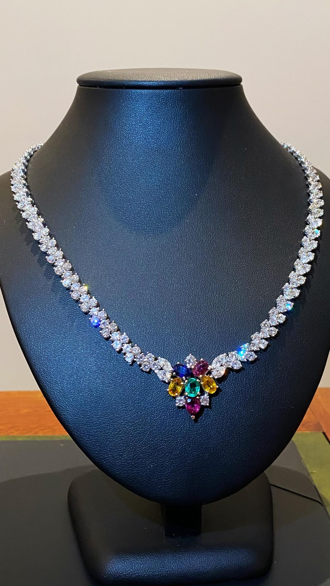 Round Cut 19.50ct Natural Diamond (x 220) & Coloured Precious Gems Eternal Tennis Necklace