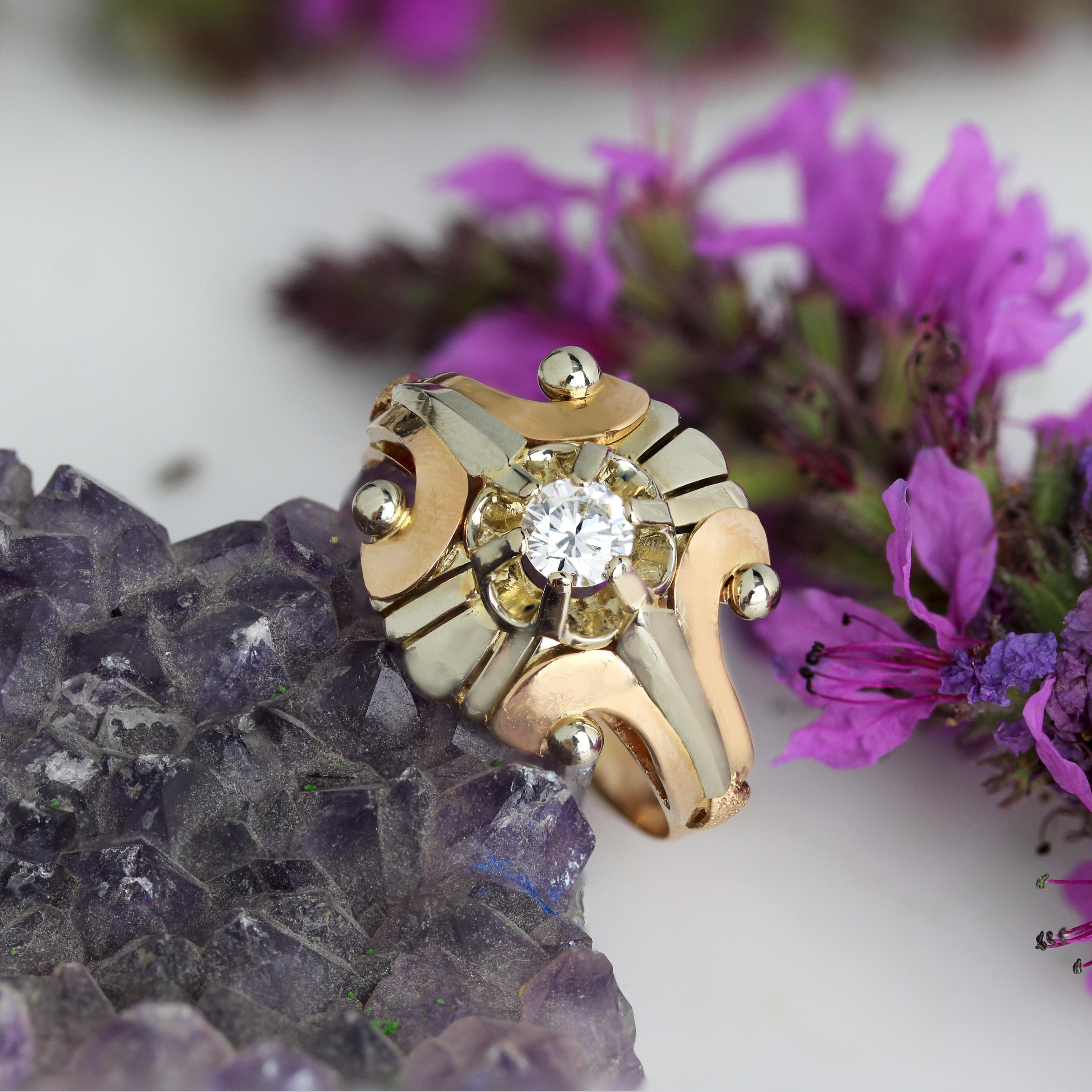 Anello retrò anni '50 con 0,30 diamanti in oro bianco e rosa 18 carati in vendita 2