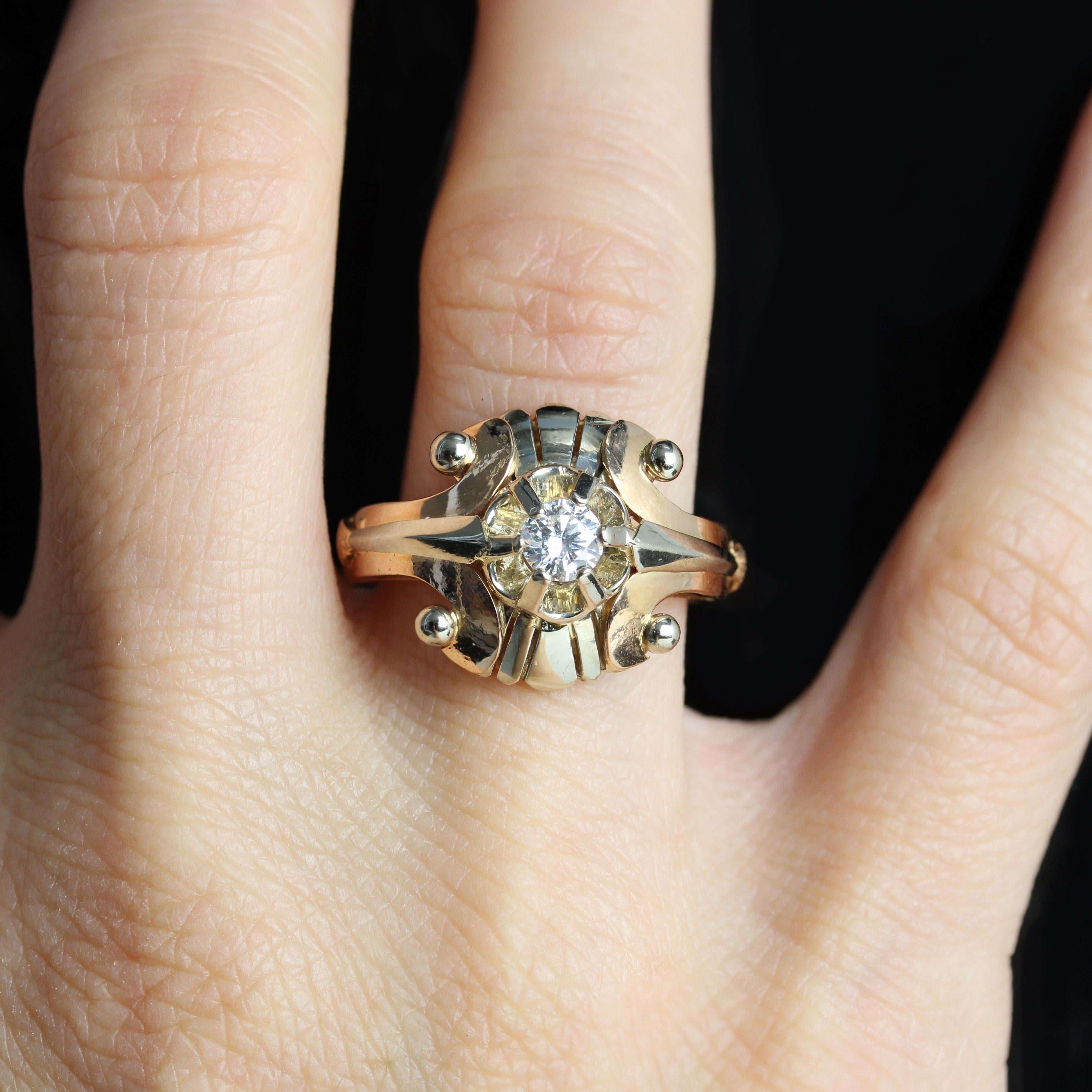 Anello retrò anni '50 con 0,30 diamanti in oro bianco e rosa 18 carati In condizioni ottime in vendita a Poitiers, FR