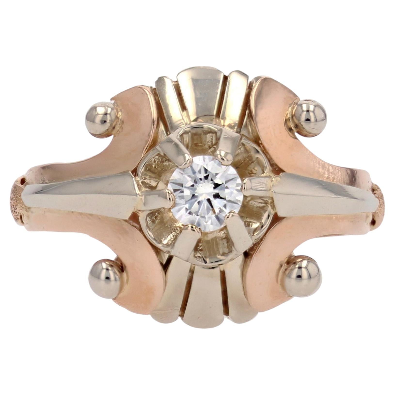 Bague rétro en or blanc et rose 18 carats avec diamants 0,30 carat, années 1950 en vente