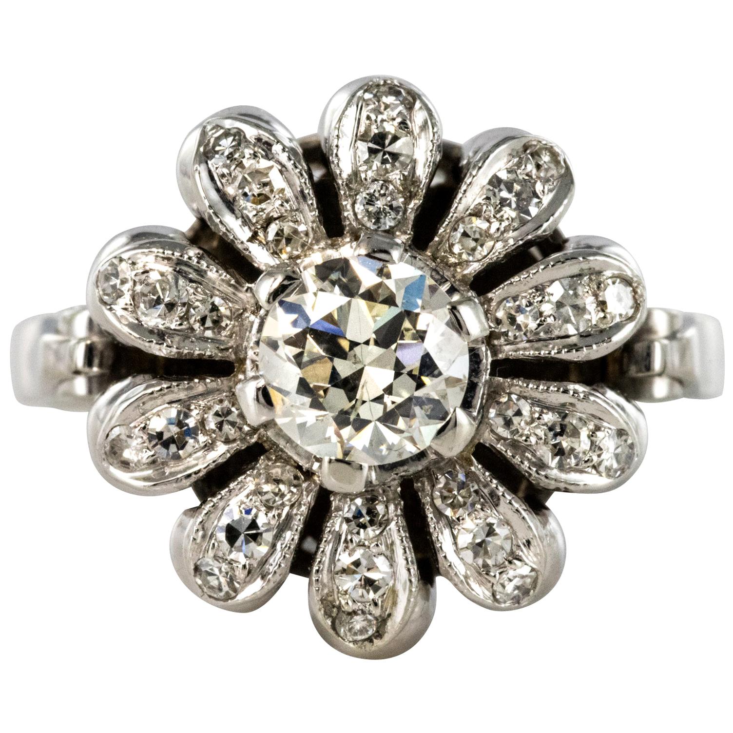 1950s 0.080 Carat Diamonds 18 Karat White Gold Flower Shape Ring