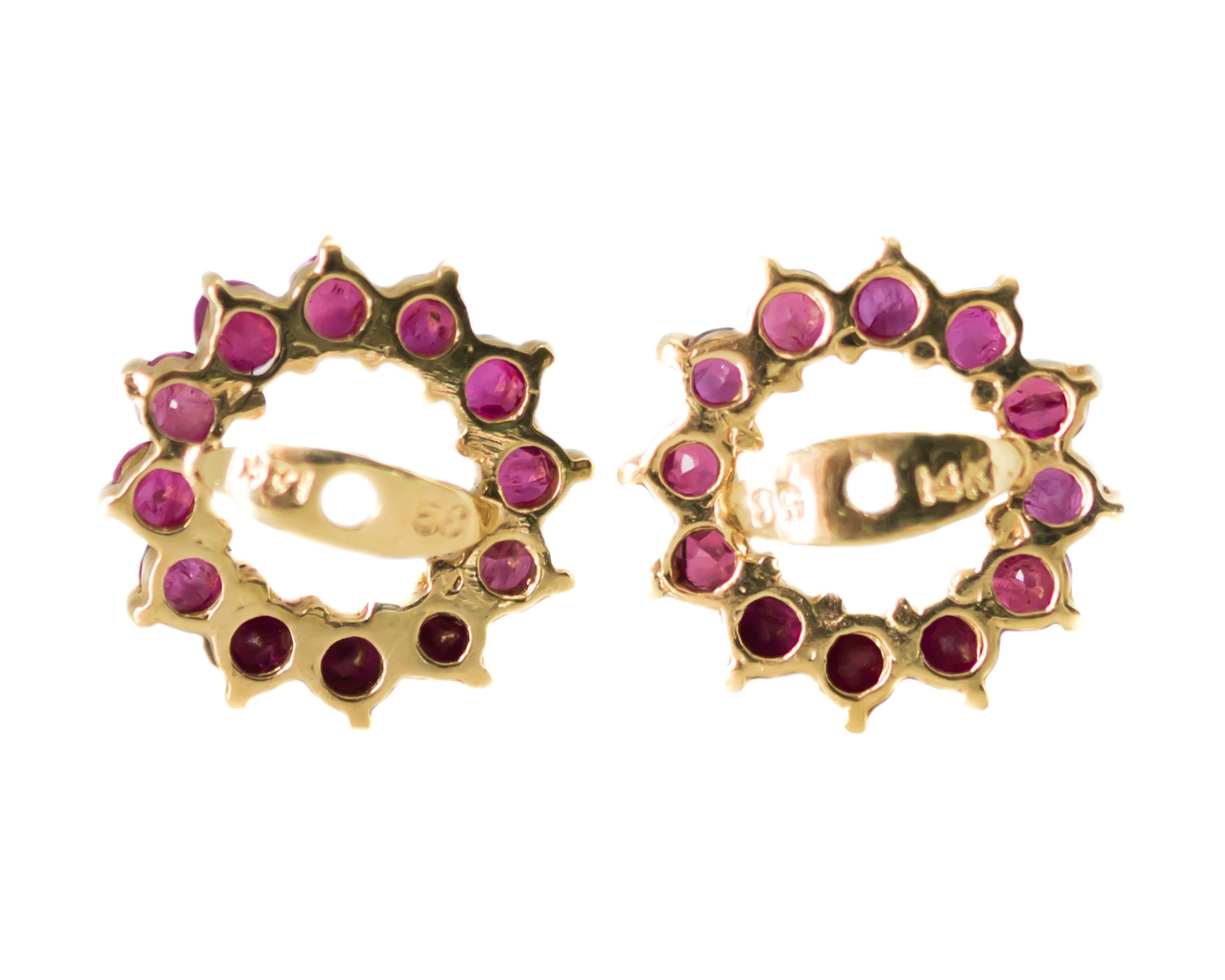 Round Cut 1950s 0.25 Carat Total Ruby and 14 Karat Yellow Gold Earring Jackets For Sale