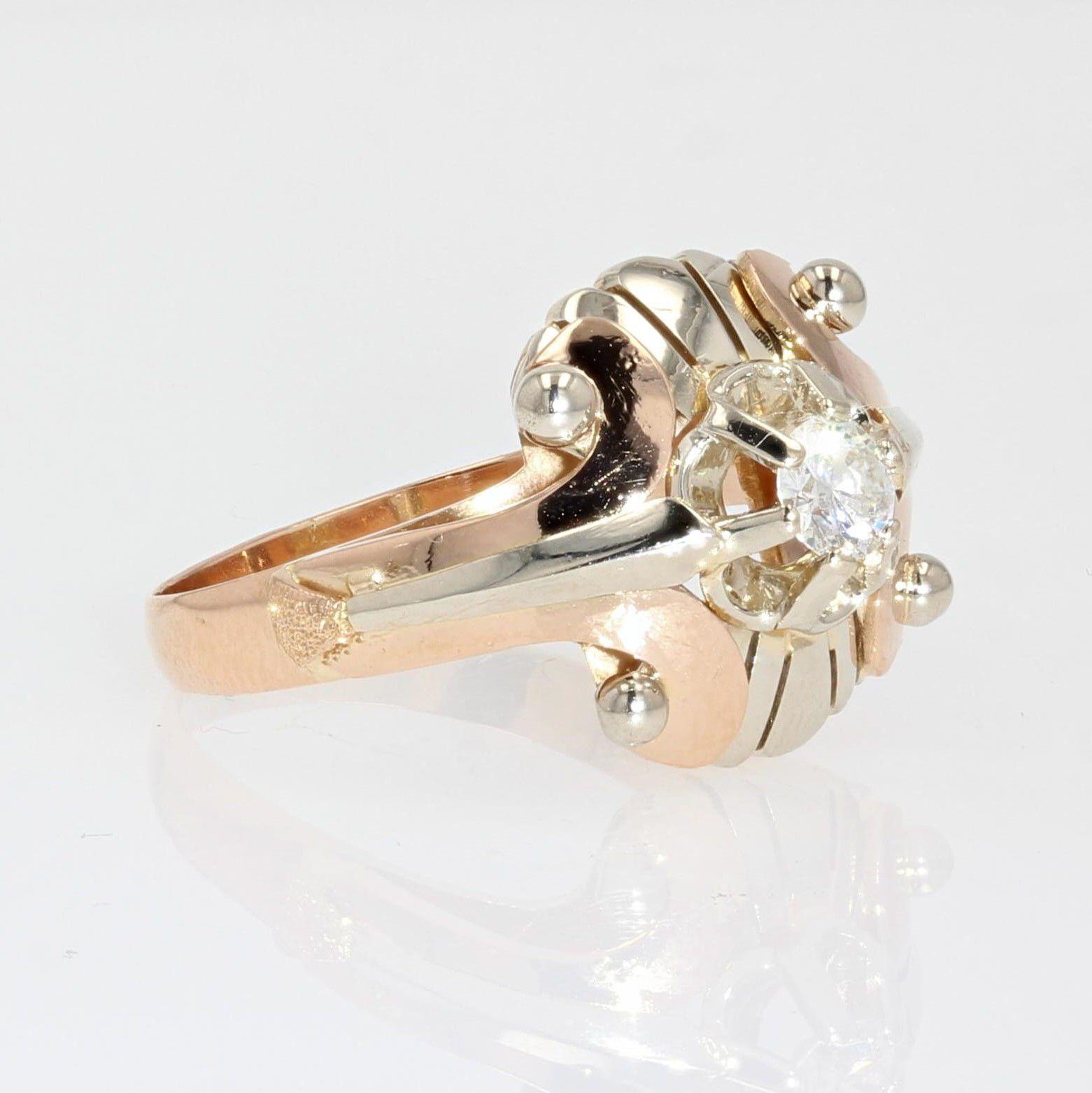 1950s 0, 30 Diamond 18 Karat White and Rose Gold Retro Ring For Sale 3
