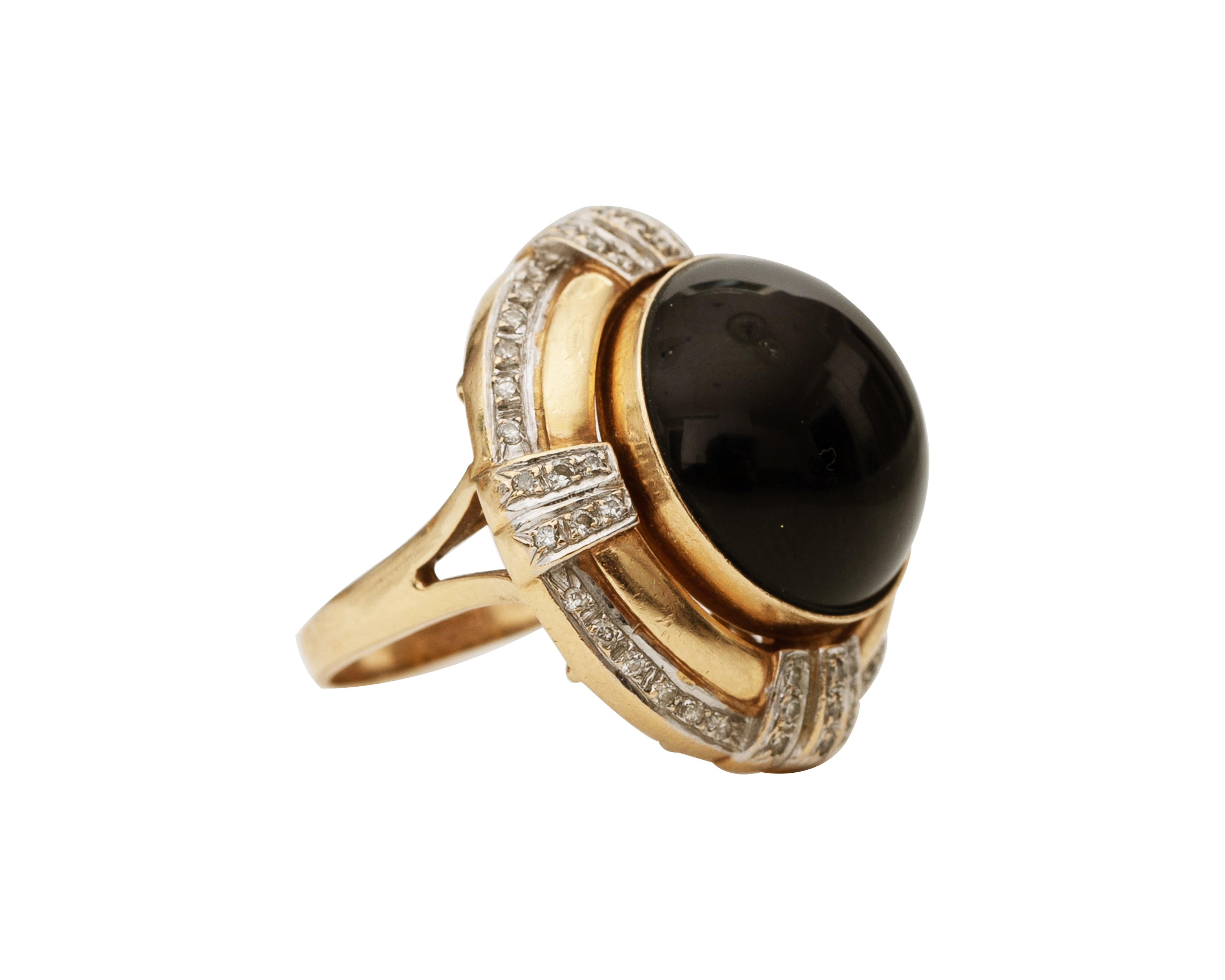 Very unique 4-in-1 Ring! This beautiful 1950s ring offers 4 different options listed below: 
4 top options:

1. Tigers Eye
2. Mabe Pearl
3. Malachite
4. Onyx
All measure 16 millimeter each. The gemstones can screw on and off very easily. This allows