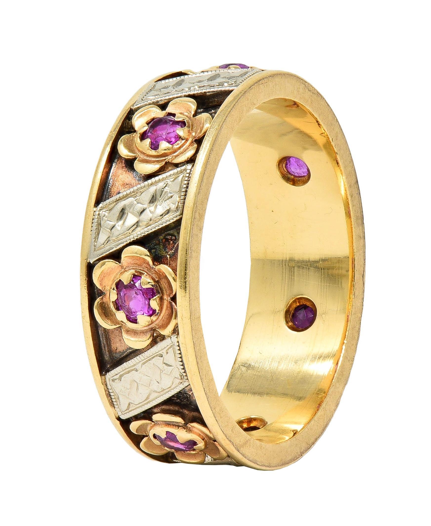 Round Cut 1950's 0.52 CTW Ruby 14 Karat Two-Tone Gold Vintage Floral Band Ring