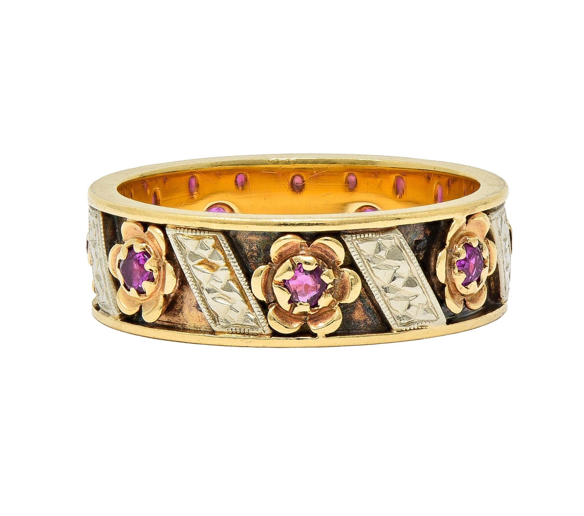 1950's 0.52 CTW Ruby 14 Karat Two-Tone Gold Vintage Floral Band Ring In Excellent Condition In Philadelphia, PA