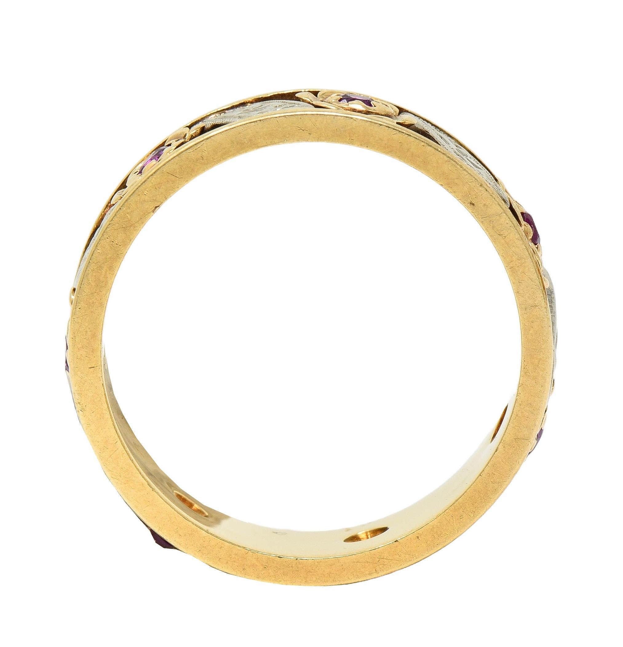 Women's or Men's 1950's 0.52 CTW Ruby 14 Karat Two-Tone Gold Vintage Floral Band Ring