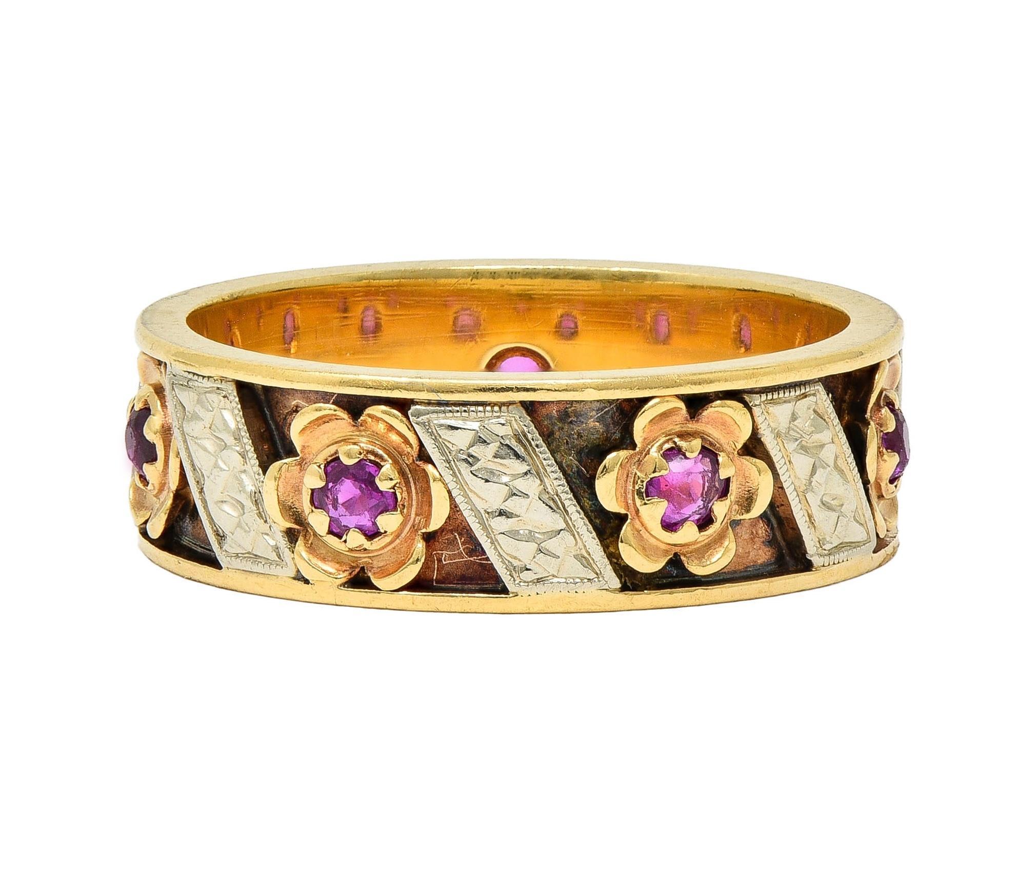 1950's 0.52 CTW Ruby 14 Karat Two-Tone Gold Vintage Floral Band Ring 1