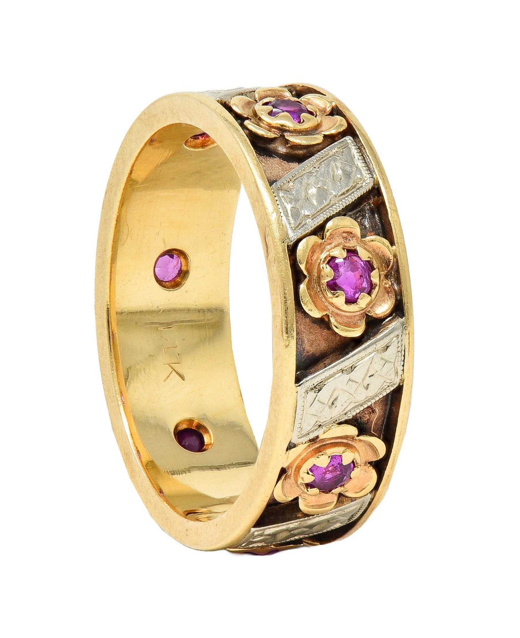 1950's 0.52 CTW Ruby 14 Karat Two-Tone Gold Vintage Floral Band Ring 4